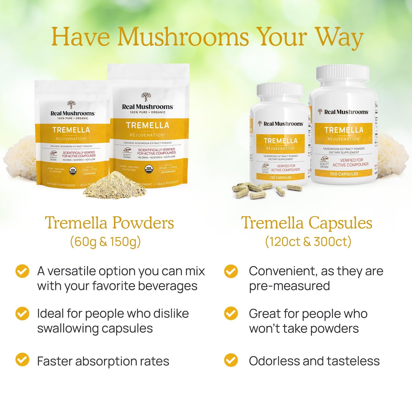 Real Mushrooms Tremella Mushroom Extract 120 ct Blend for Daily Wellness Routine - Vegan, Non-GMO, Organic Supplements Humans Support Supplement
