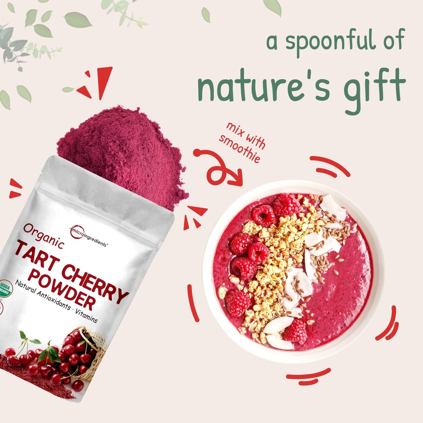 Pre-Order | Arrives in 5–10 Days – Organic Tart Cherry powder, 4oz | 100% Natural Fruit Powder | US Grown Tart Cherries Source | No Sugar & Additives | Great Flavor for Drinks, Smoothie, & Beverages | Non-GMO & Vegan Friendly