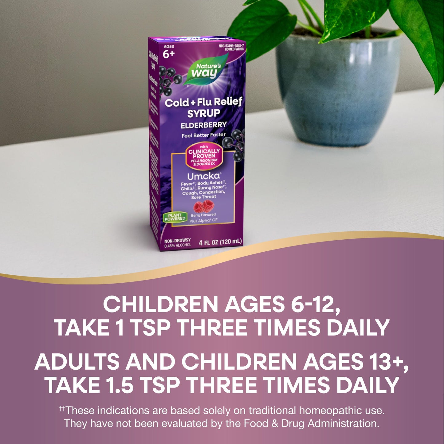 Nature's Way Cold + Flu Relief Syrup*, Umcka, Sore Throat, Cough, Congestion, Fever*, Body Aches*, Phenylephrine Free, Homeopathic, Non-Drowsy, Berry Flavored, 4 Fl Oz (Packaging May Vary)
