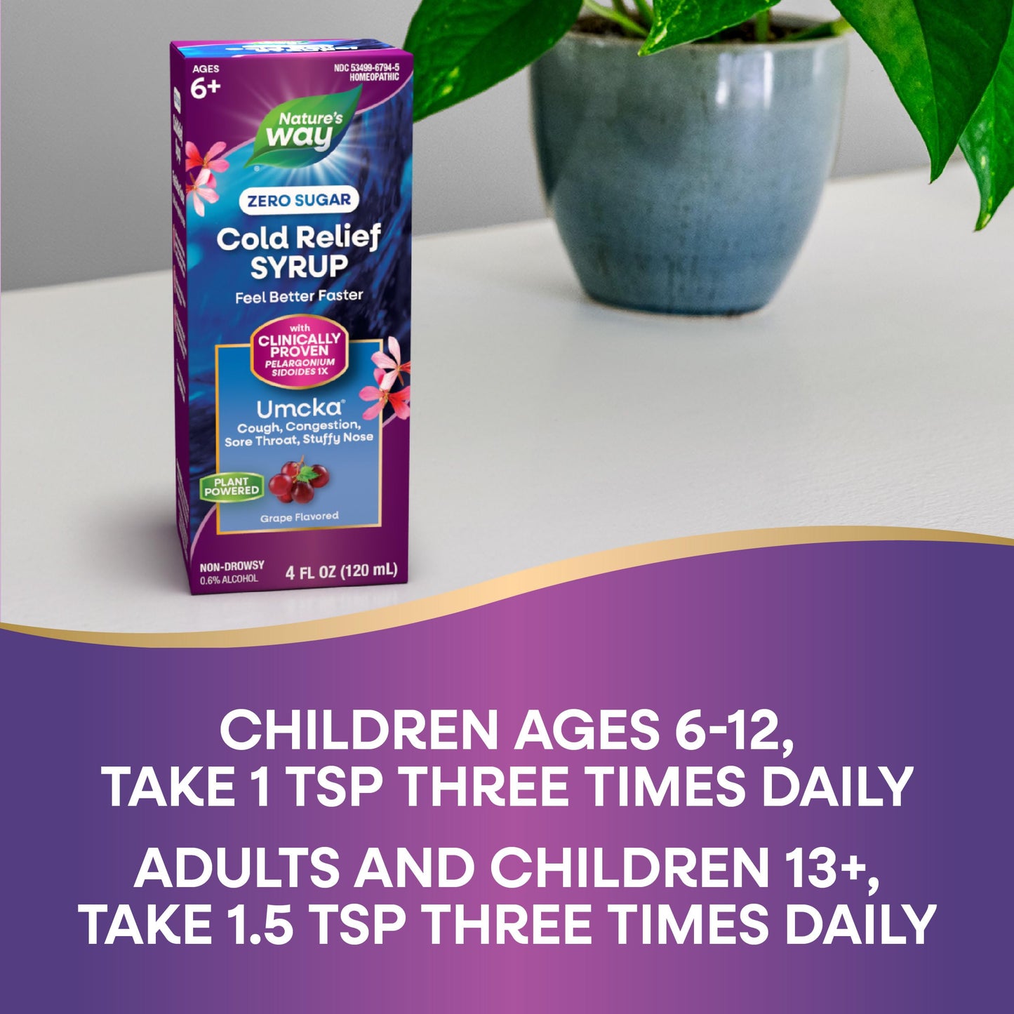 Nature's Way Cold Relief Zero Sugar Syrup, Umcka, Homeopathic, Shortens Colds, Sore Throat, Cough, Congestion, and Stuffy Nose, Phenylephrine Free, Grape Flavored, 4 Fl Oz (Packaging May Vary)