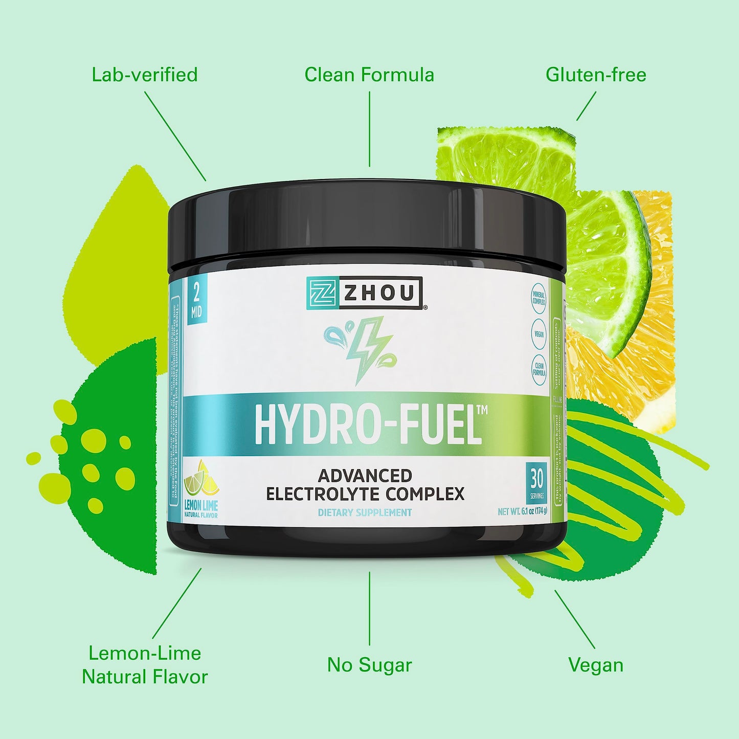 Zhou Nutrition Hydro Fuel, Sugar Free Electrolyte Powder, Replenish Nutrients, Restore Hydration, Natural Mineral Complex with Coconut Water Concentrate, Vegan, Gluten Free, Lemon Lime, 30 servings
