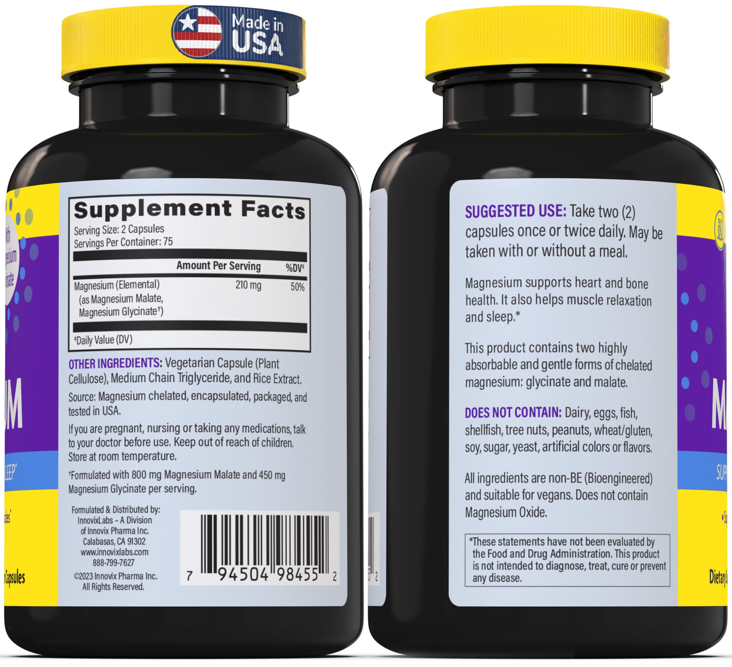 InnovixLabs Advanced Magnesium Capsules - 150 Ct, 210 mg - Chelated Magnesium Glycinate and Malate, High Absorption, Promotes Relaxation, Bones, Muscle Health, Vegan Magnesium Malate Sleep Supplement