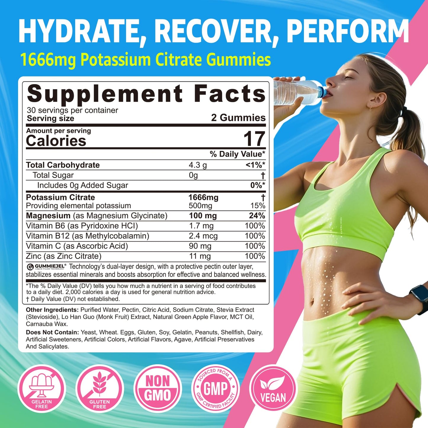 Potassium Citrate Gummies 1666mg for Adults - Potassium Supplement, Magnesium Glycinate, Zinc, B6, B12 & C â Electrolyte Gummies for Energy, Recovery & Leg Cramps, Vegan 60 Cts