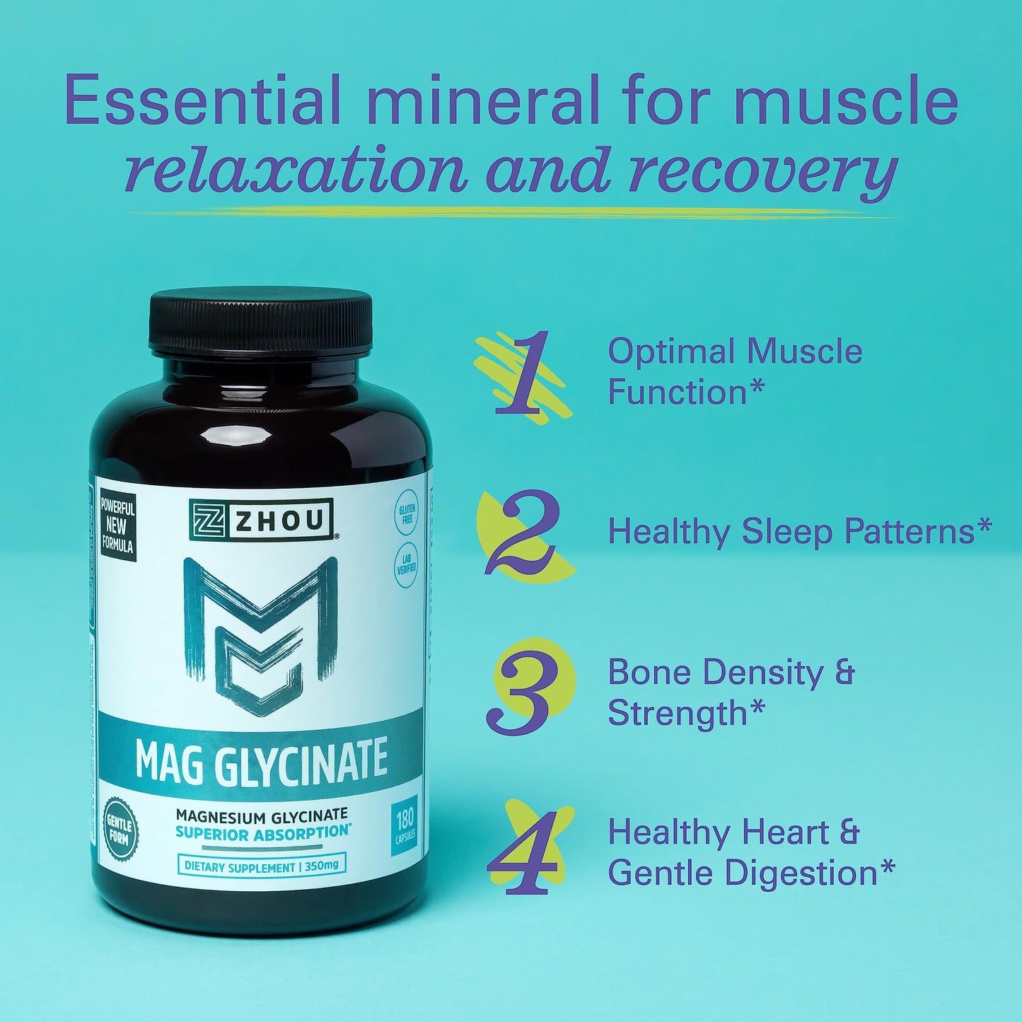 Zhou Magnesium Glycinate - Pure Mag Glycenate Supplement for Men & Women, Natural Sleep Aid, Heart Health Support, Muscle Relaxation & Vitality - 180 Vegan Friendly Capsules