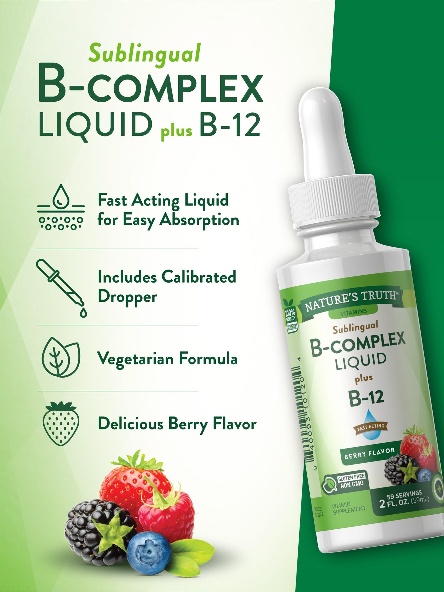 Nature's Truth Sublingual B Complex | with B12 | 2 Fluid Ounces | Berry Flavor | Vegetarian, Non-GMO & Gluten Free Supplement