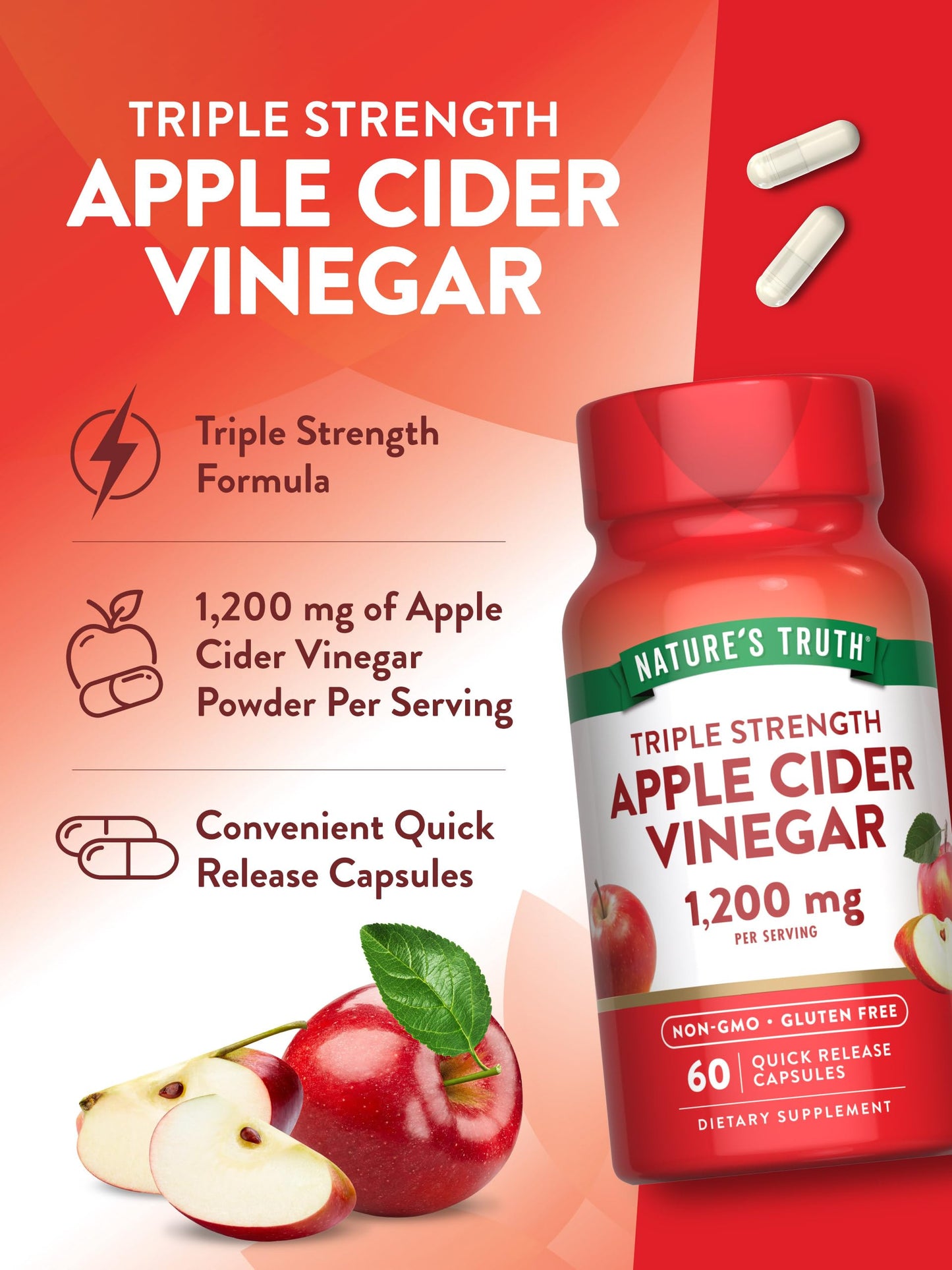 Nature's Truth Apple Cider Vinegar Capsules | 1200mg | Quick Release Pills | Non-GMO & Gluten Free Supplement