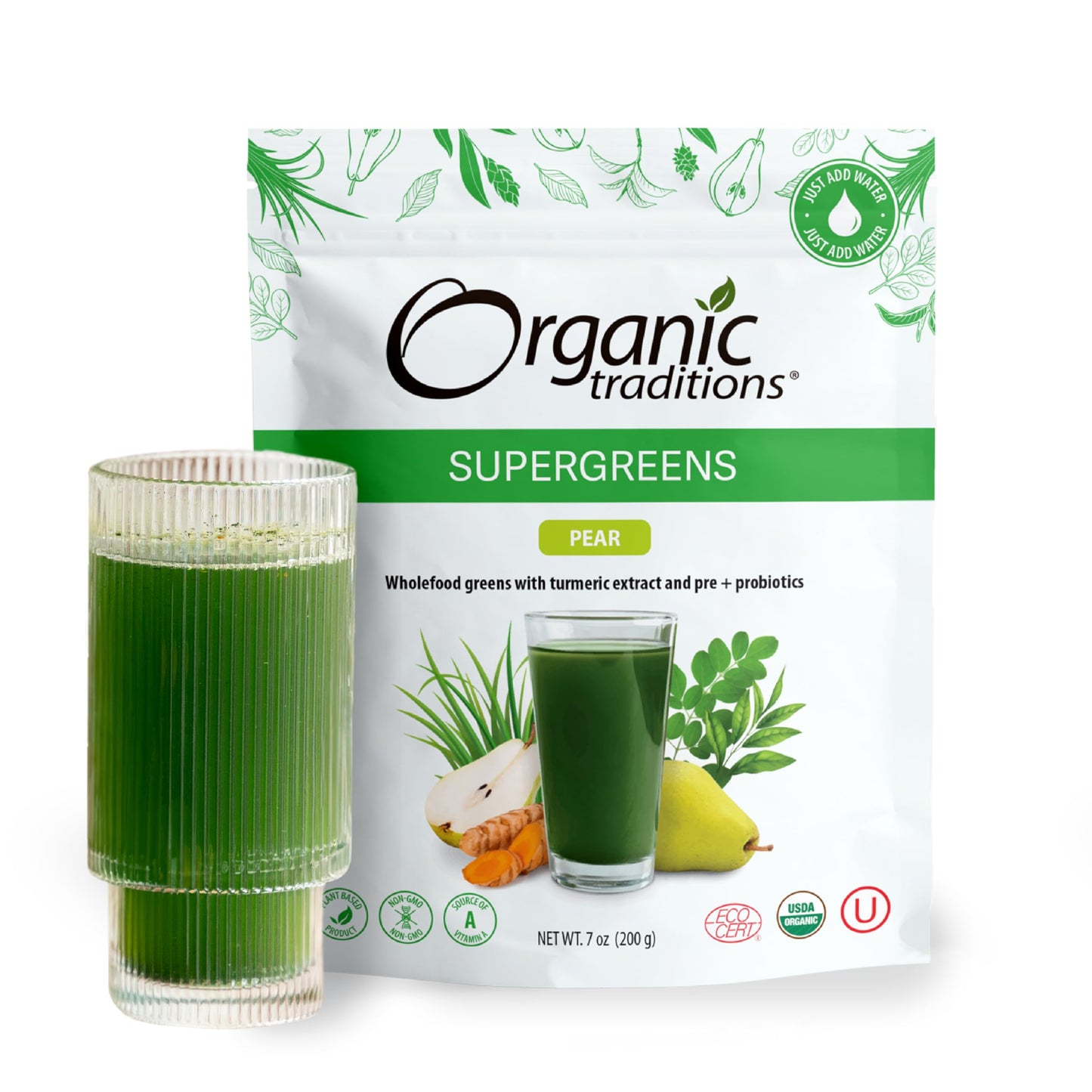 Organic Traditions Super Greens Powder Superfood with Turmeric, Pear Flavored Organic Greens Superfood Powder, 200g / 7oz Bag