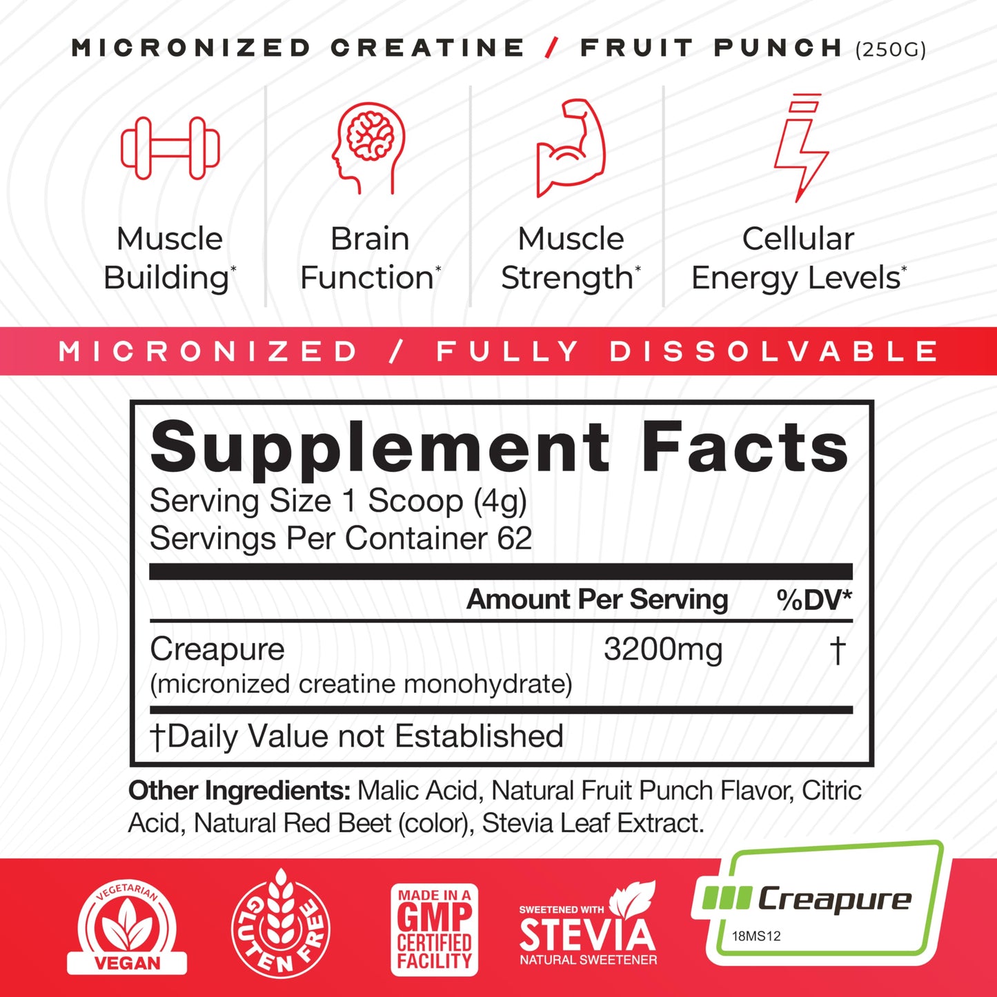 Muscle Feast Creapure - Micronized Creatine Monohydrate Powder | Premium Pre-Workout or Post-Workout | Flavored Creatine for Women & Men | Easy to Mix, Gluten-Free, Safe and Pure, (Fruit Punch, 250g)