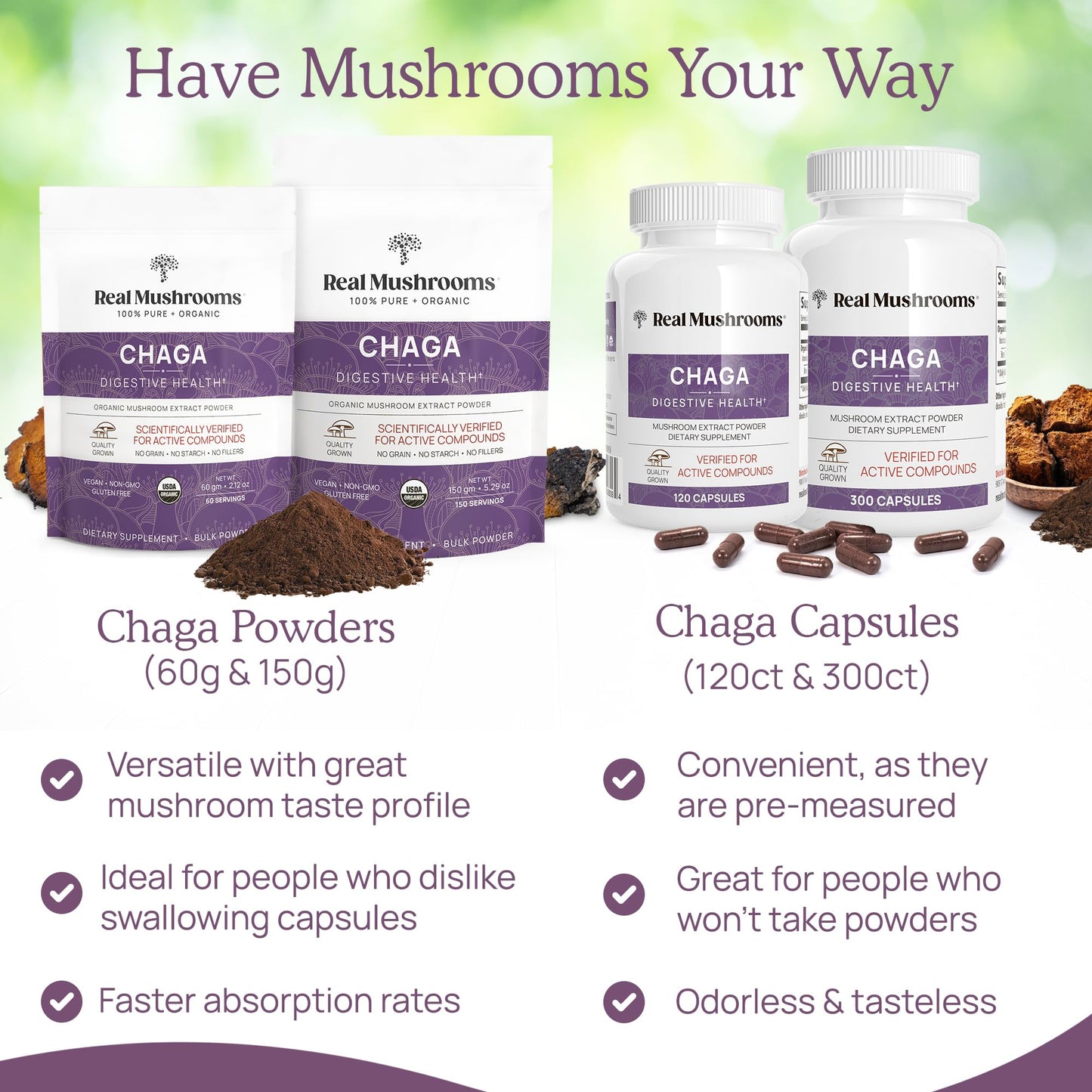 Real Mushrooms Chaga Mushroom Powder – Organic Chaga Extract from Fruiting Body – for Daily Wellness & Energy Support – Vegan, Non-GMO, 60 Servings Mushroom Supplement