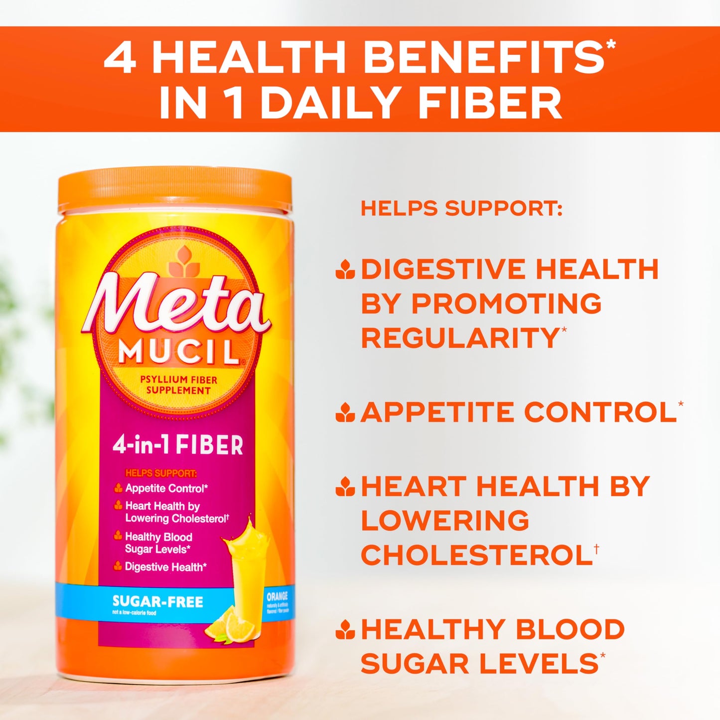 Metamucil 4 in 1 Daily Fiber Supplement Powder, Fiber Powder for Digestive Health and Regularity*, Sugar-Free, Orange, Naturally Sourced Psyllium Fiber, 30 teaspoons