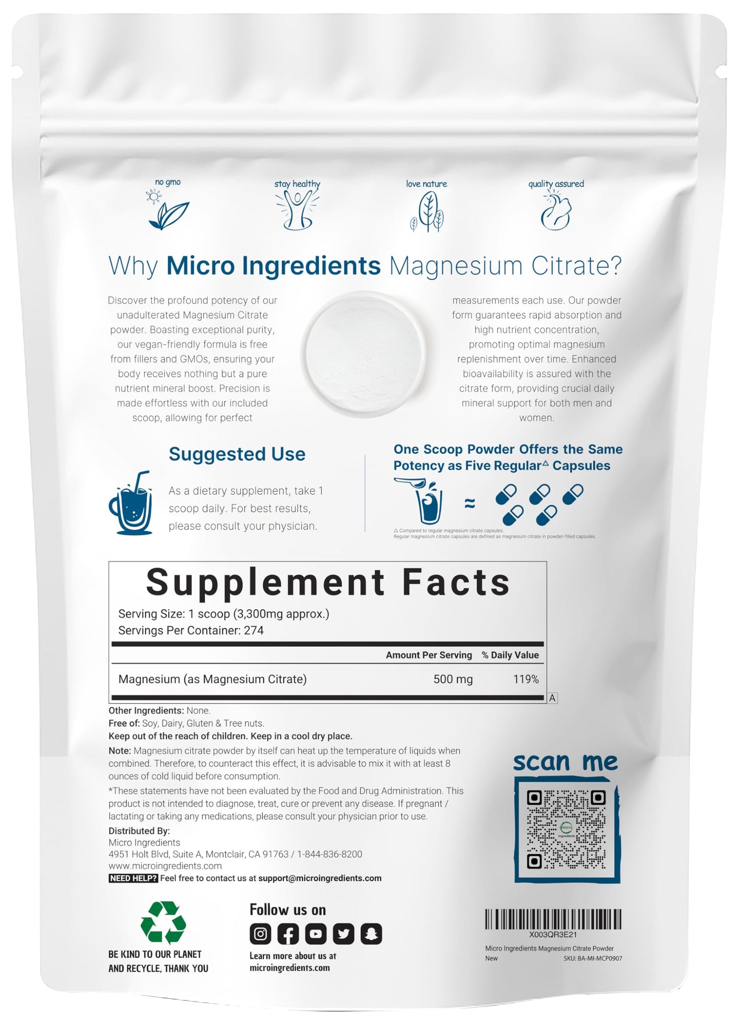 Pure Magnesium Citrate Powder (Citrato de Magnesio en polvo), 2 Pounds (32 Ounce), Pure and Filler Free, Relaxation and Nutrient Utilization, Vegan