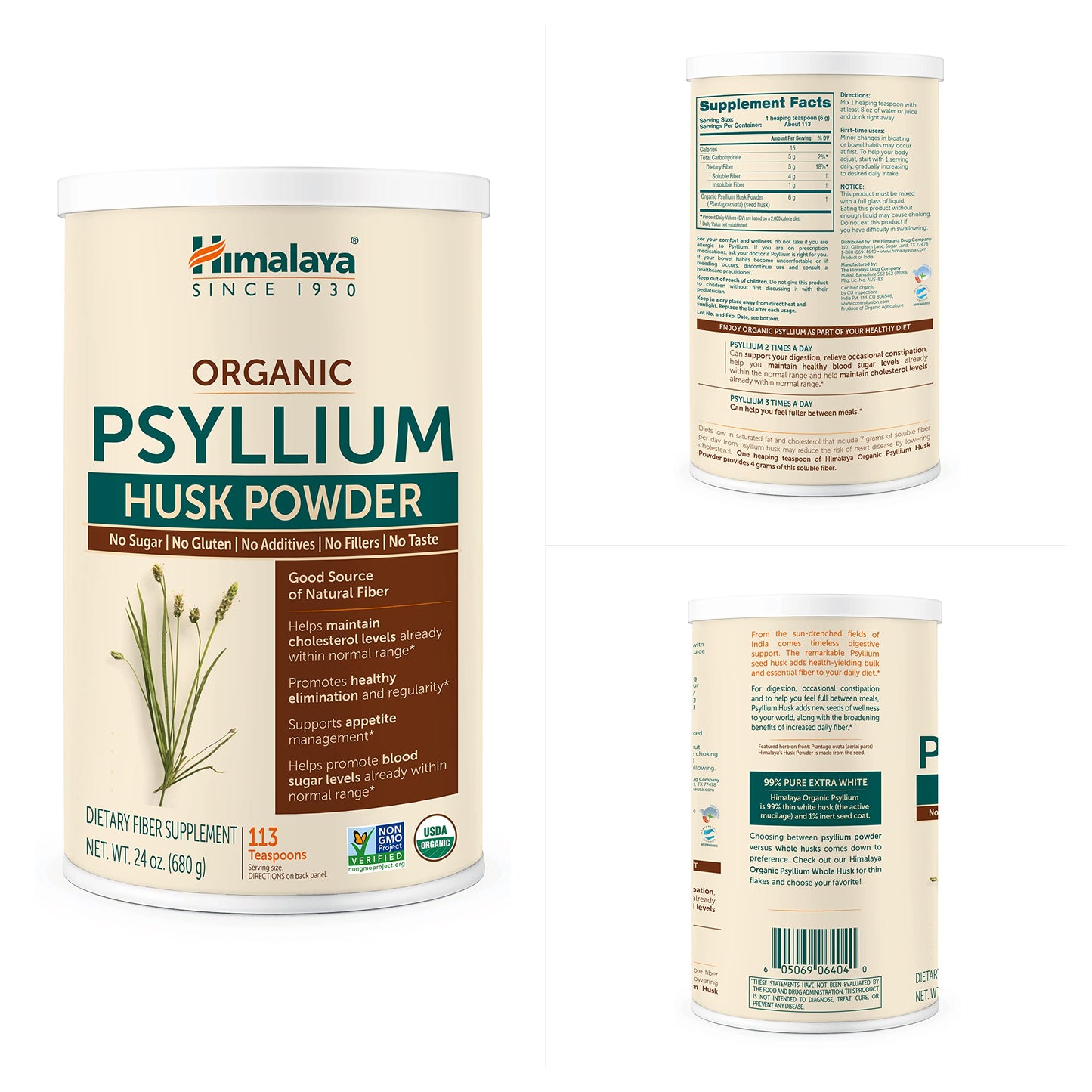 Himalaya Organic Psyllium Husk Powder, Daily Dietary Fiber Supplement, Regularity, Appetite Management, Certified Organic, Non-GMO, No Artificial Colors, Unflavored, 113 Teaspoon Supply, 24 Oz