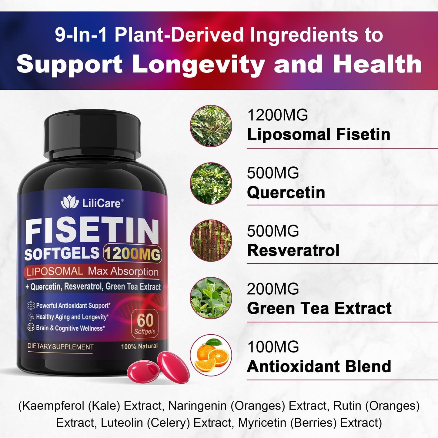 LILICARE Fisetin Supplement - Liposomal Super Absorption 98% Pure 1200mg with Quercetin, Resveratrol, Green Tea Extract for Healthy Aging & Longevity, Skin Health, Brain & Antioxidant - 60 Softgels