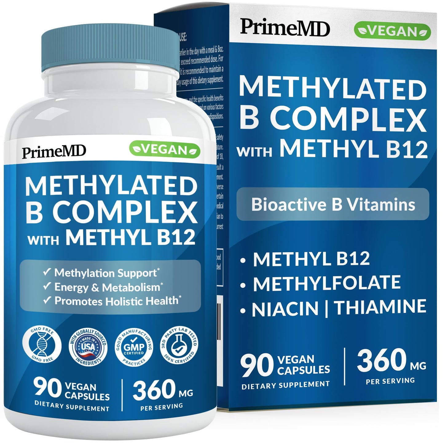 Methylated B Complex with Methylfolate and B12 Methylcobalamin 1000 mcg - Methylated Multivitamin for Energy, Brain Function, and Wellness - Vitamin B Complex for Men & Women (90 Servings) (Pack of 1)