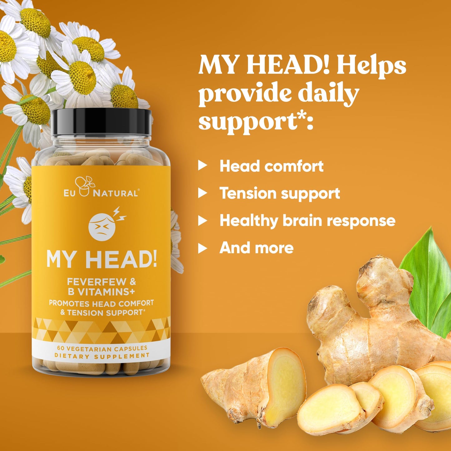 My Head! Headache Vitamins – Sensitivity, Tension, Comfort, Healthy Head Function for A Clear Mind – Fast acting Magnesium, Feverfew, Boswellia, Vitamin D, Ginger, & More – 60 Soft Capsules