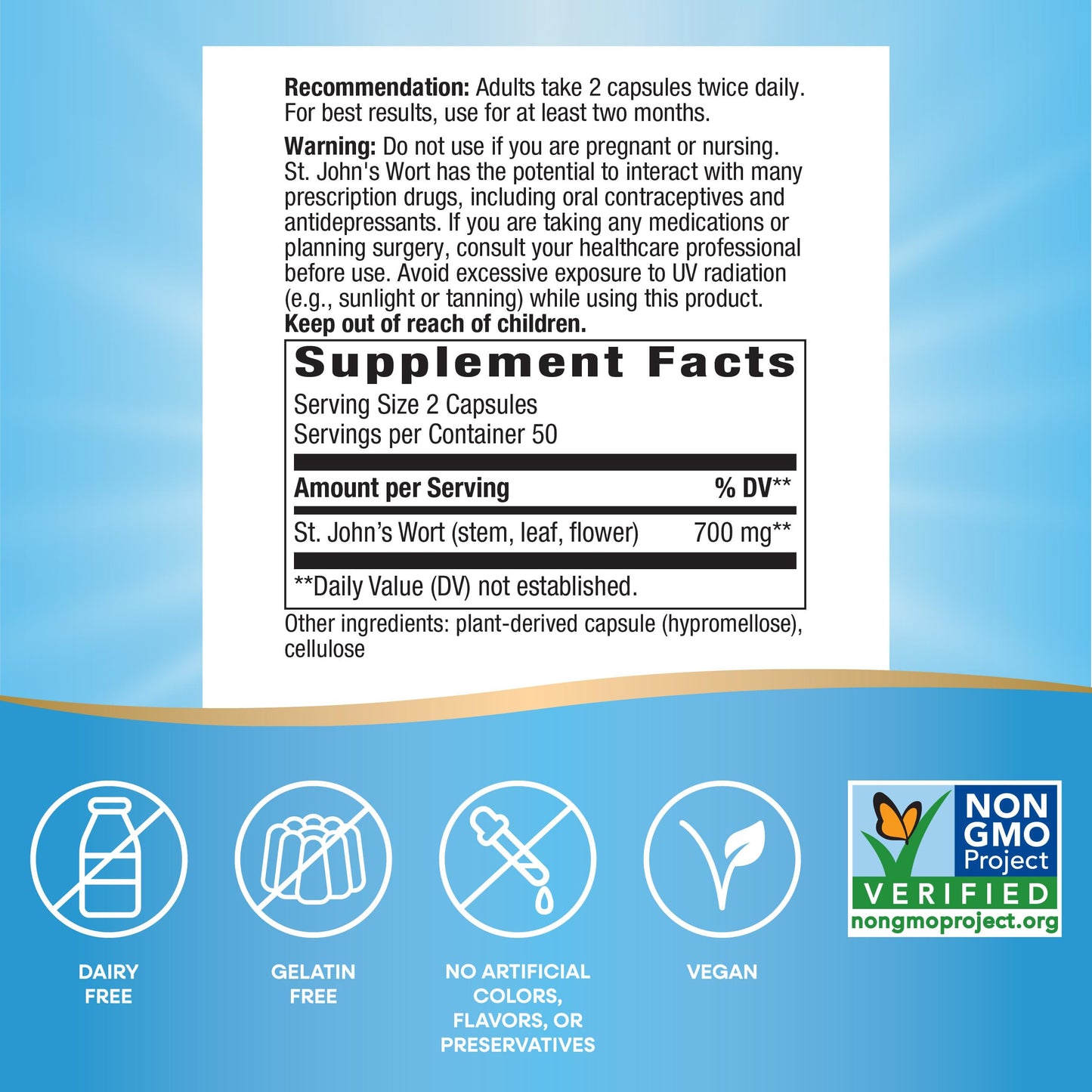 Nature's Way St. John’s Wort Herb, Promotes a Positive Outlook*, 700 mg per 2-Capsule Serving, Non-GMO Project Verified, Vegan, 100 Capsules (Packaging May Vary)