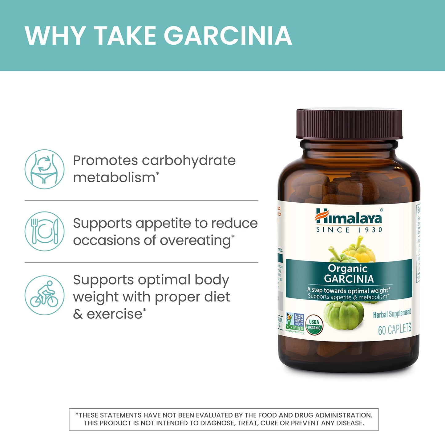 Himalaya Organic Garcinia Cambogia Herbal Supplement, Appetite Support, Lipid Metabolism, Weight Support, USDA Organic, Non-GMO, Vegan, 600 mg, 60 Plant-Based Caplets, 30 Day Supply