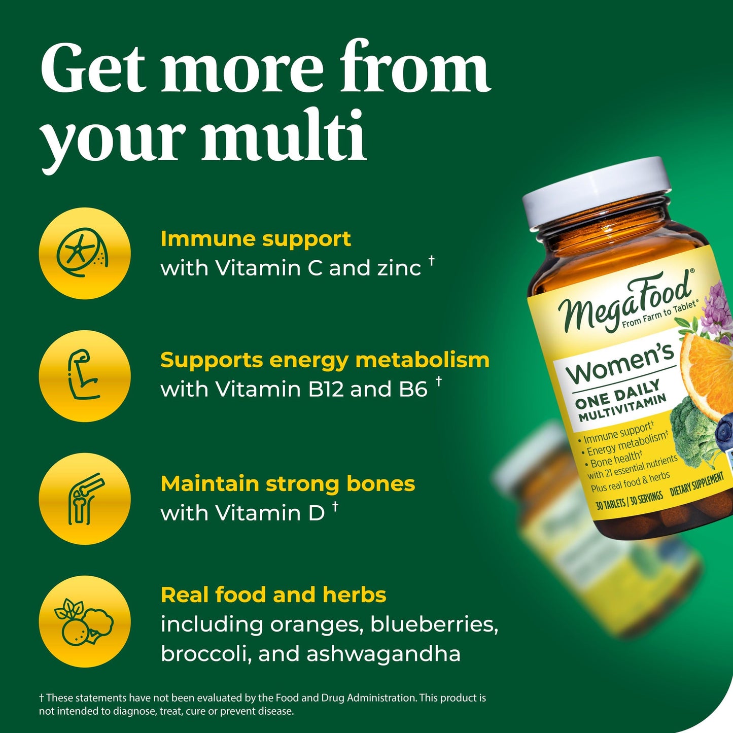 MegaFood Womens Multivitamin One Daily - Multivitamin for Women - Vitamin C, Vitamin D, Iron & B Vitamins - Bone, Energy Metabolism & Immune Support - Vegetarian, GlutenFree - 60 Tablets, 60 Servings