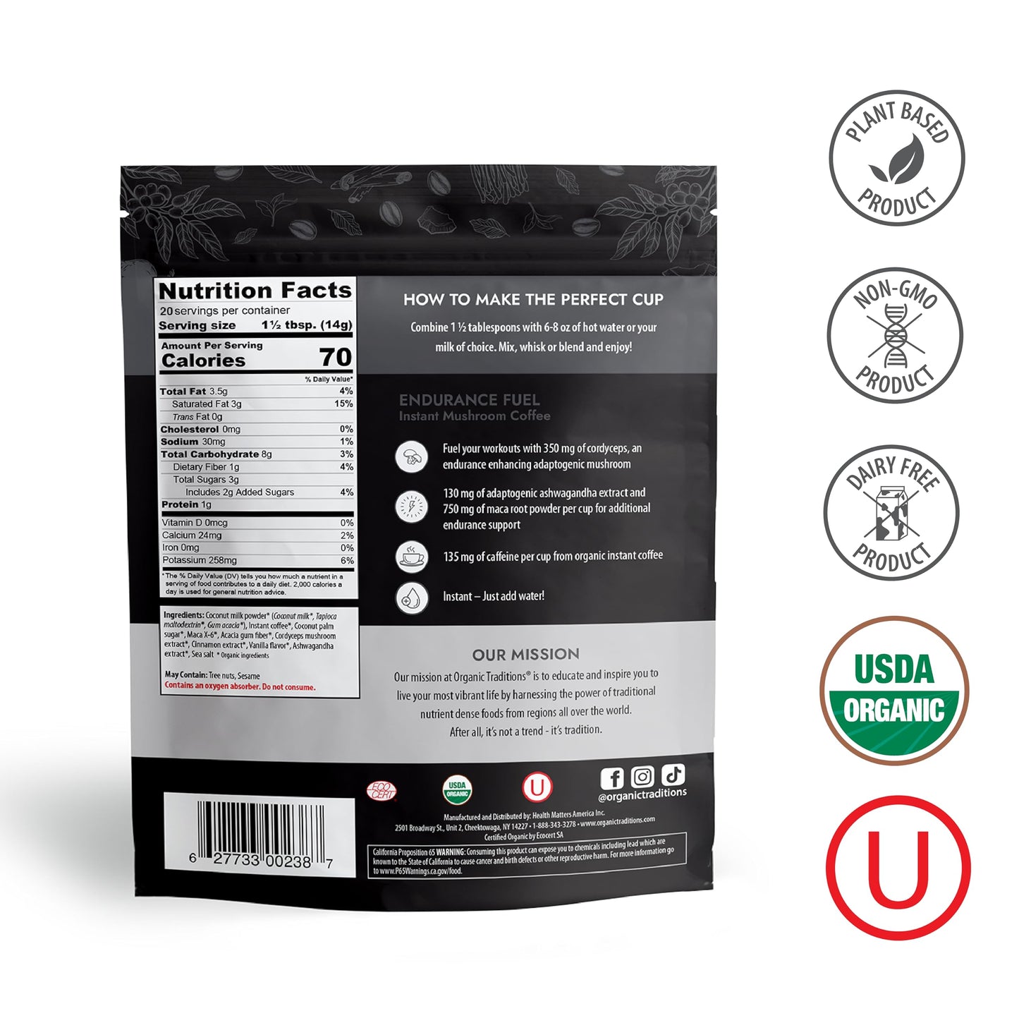 Organic Traditions Endurance Fuel Mushroom Coffee – Organic Instant Mushroom Coffee with Cordyceps, Ashwagandha, Maca, and Coconut Milk Powder – Supports Energy and Stamina (10 Servings) 280 gr/10oz Bag