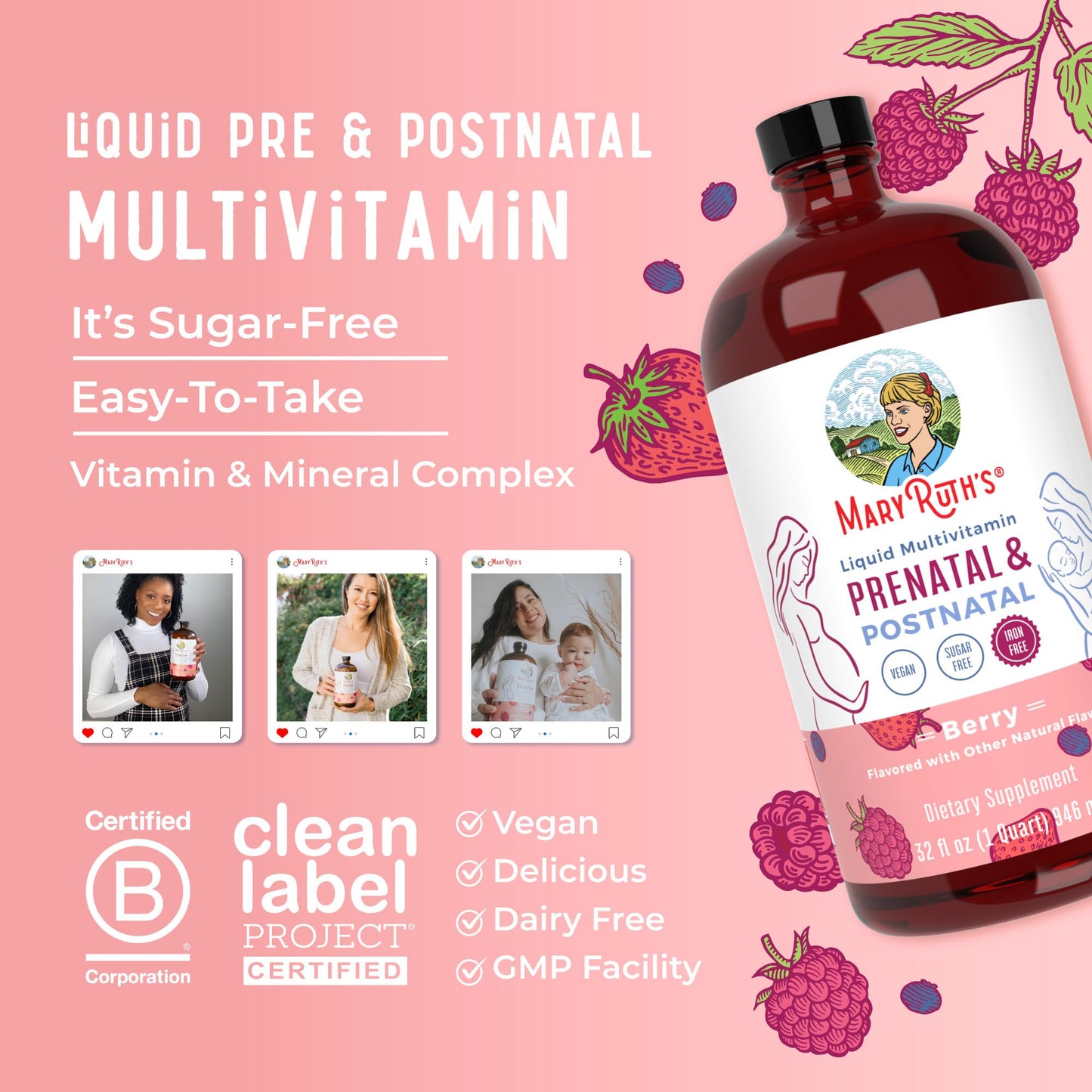 MaryRuth Organics Postnatal & Prenatal Vitamins for Women | Sugar Free | Womens Multivitamin for Pre-Conception, Pregnancy & Nursing | Ginger | Selenium | Folate | Vegan | Non-GMO | Gluten Free | 32oz