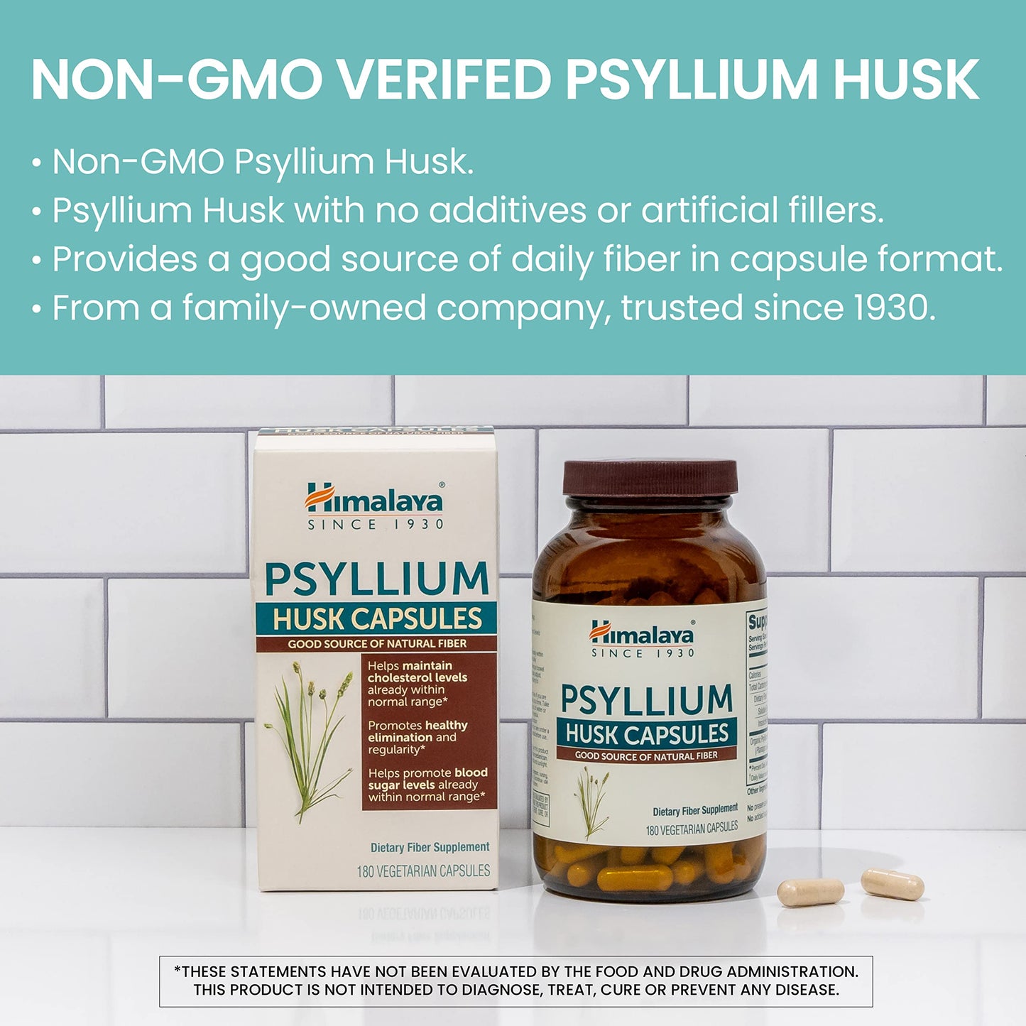 Himalaya Psyllium Husk Capsules, 36 Day Supply - Daily Fiber Supplement for Supporting Digestive Health and Regularity - Vegan, Non-GMO, Sugar Free, Gluten Free, 180 Capsules