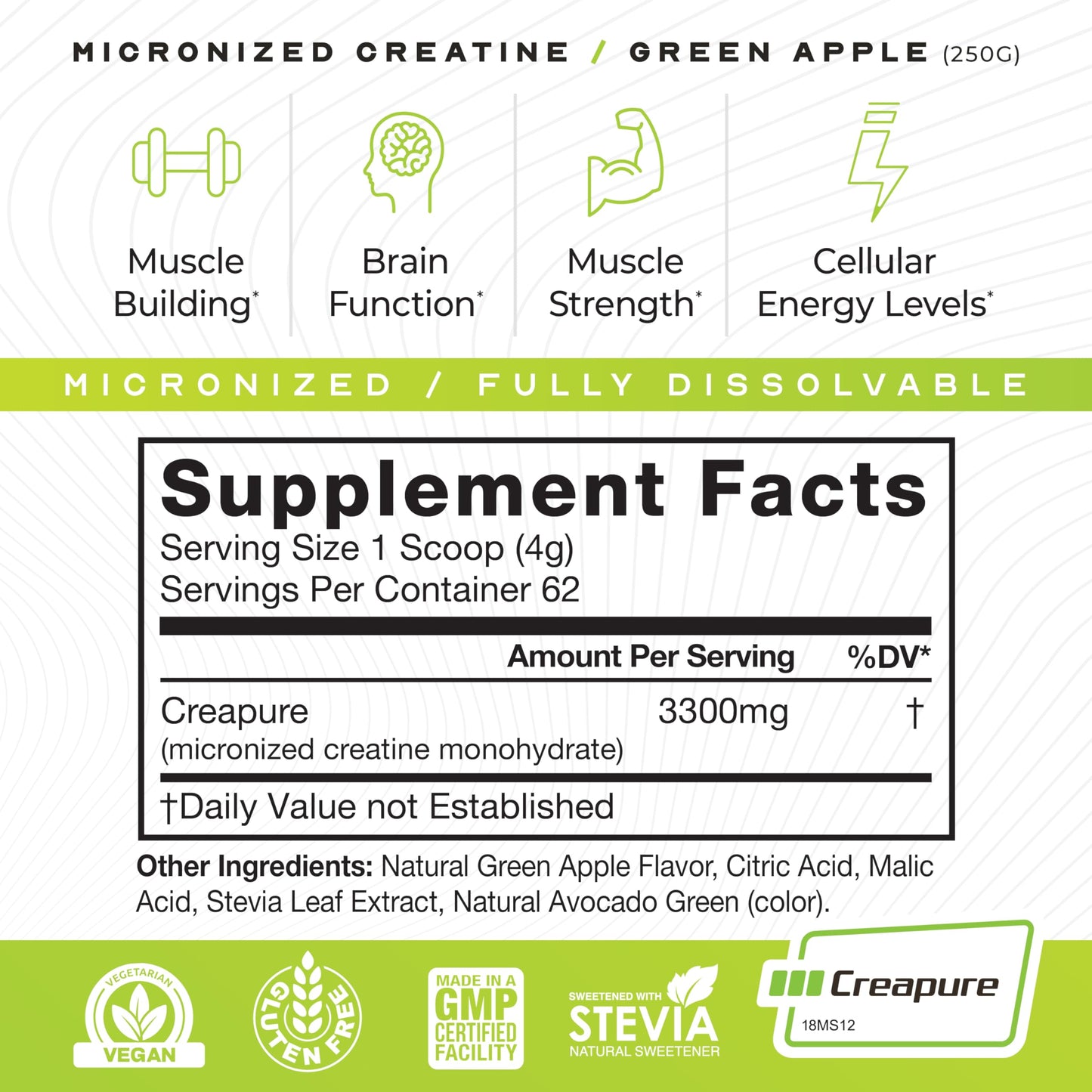 Muscle Feast Creapure - Micronized Creatine Monohydrate Powder | Premium Pre-Workout or Post-Workout | Flavored Creatine for Women & Men | Easy to Mix, Gluten-Free, Safe and Pure (Green Apple, 250g)