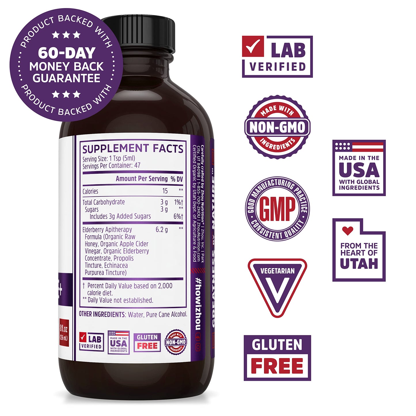 Zhou Nutrition Elder-Mune+ Syrup - Organic Black Elderbery Syrup for Adults, Immune Support Elixir with Apple Cider Vinegar, Echinacea Tincture, Natural Wellness - 8 Fl Oz Glass Bottle