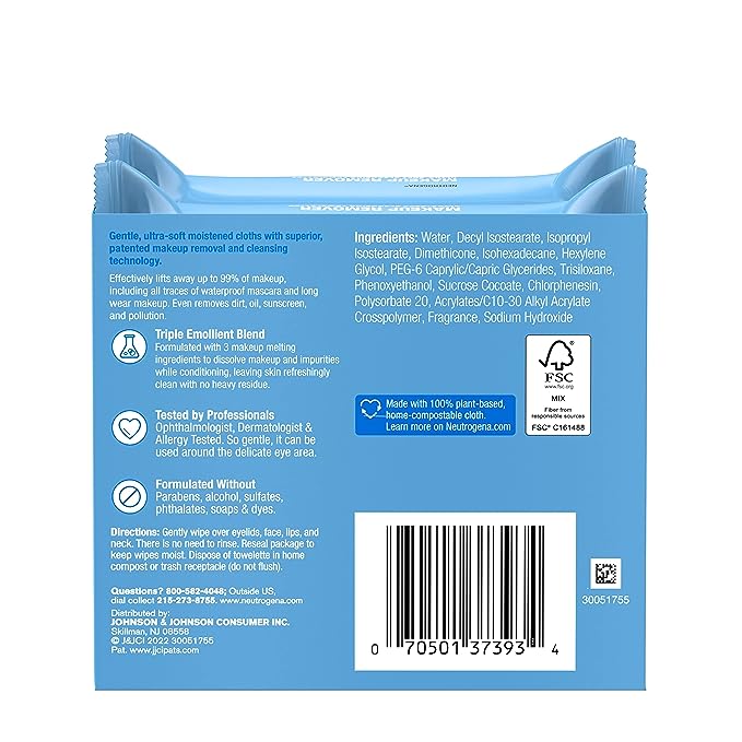 Neutrogena Cleansing Fragrance Free Makeup Remover Face Wipes, Cleansing Facial Towelettes for Waterproof Makeup, Alcohol-Free, Unscented, 100% Plant-Based Fibers, Twin Pack, 2 x 25 ct