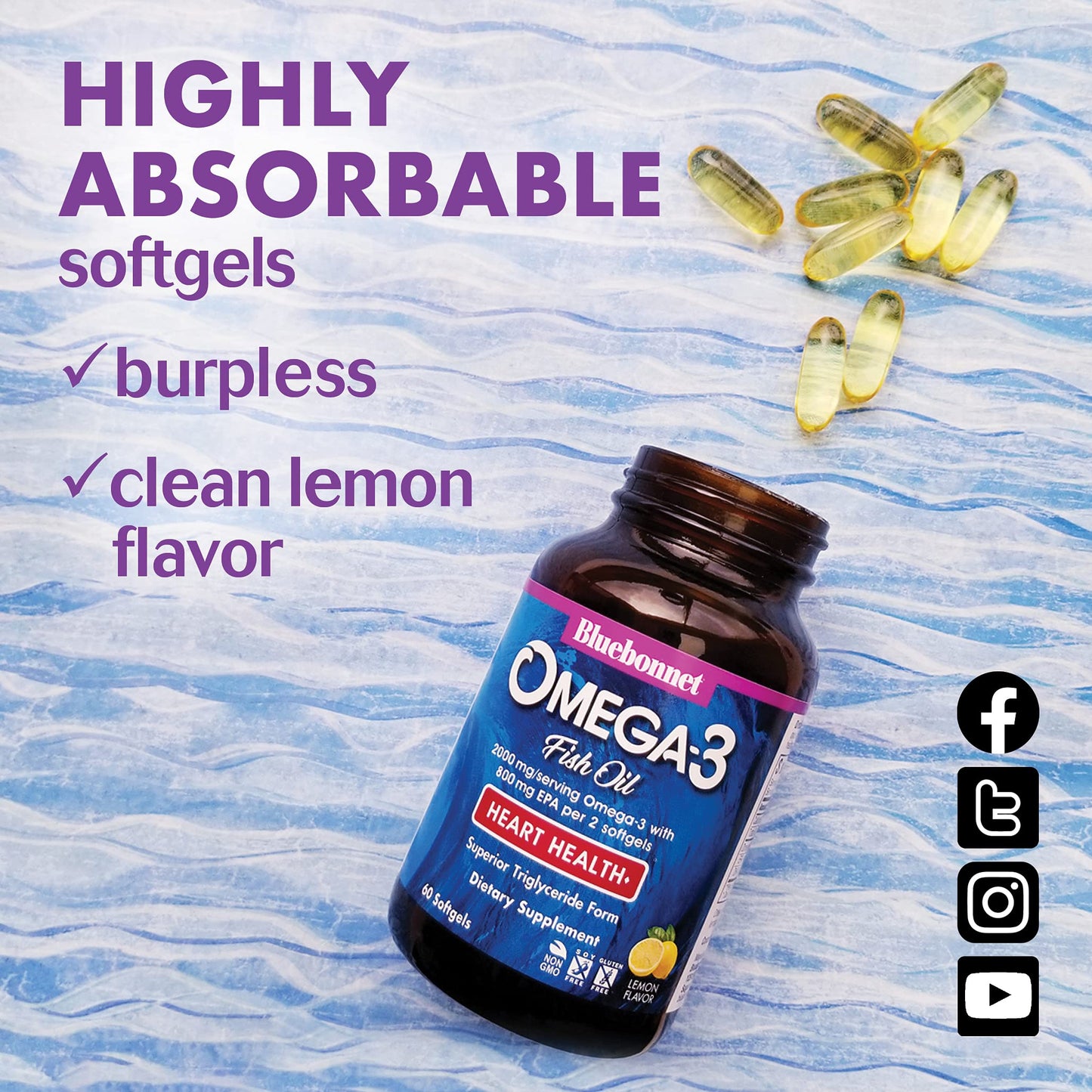 Bluebonnet Nutrition Omega-3 Heart Formula Natural Wild Caught Triglyceride Form DHA 600 mg EPA 800 mg - Highly Concentrated Heart Health Support Supplement - Gluten-Free - 60 Softgel