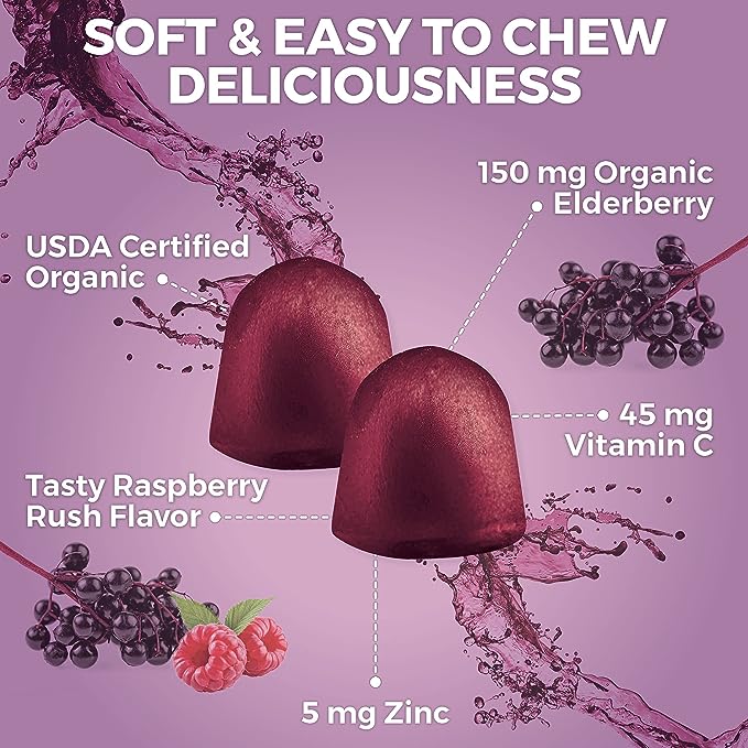 Organic Elderberry Gummies with Zinc and Vitamin C (120 Count) - Two-Month Supply, Certified USDA Organic 3-in-1 Chewable Sambucus Elderberry Gummies, Immune Support Supplement