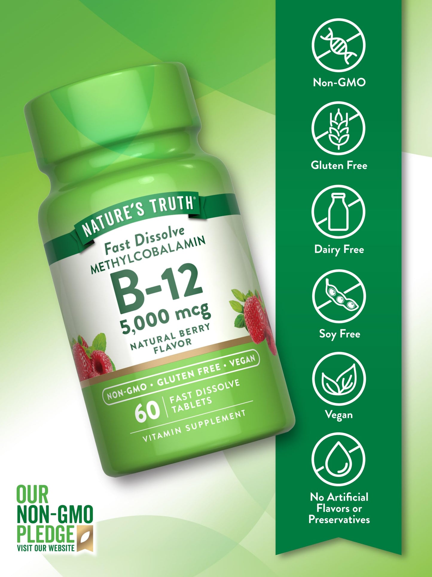 Nature's Truth B12 Vitamin 5000 mcg | 60 Tablets | Fast Dissolve Natural Berry Flavor | Vegan, Non-GMO & Gluten Free Supplement
