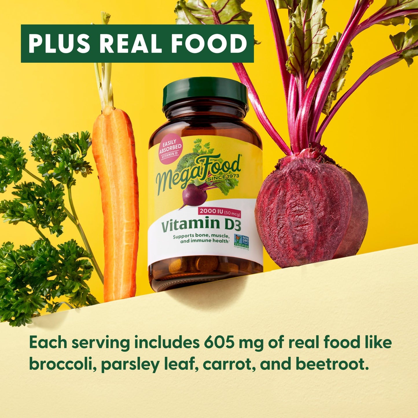 MegaFood Vitamin D3 2000 IU (50 mcg) - Vitamin D Supplements with Real Food, Immune Support, Supports Bones, Teeth & Muscles, Vegetarian, Certified Non-GMO, Kosher – 30 Tablets, 30 Servings