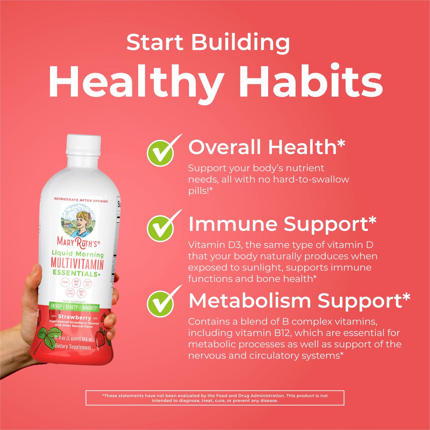 MaryRuth's Liquid Morning Multivitamin Essentials+ | Vitamin A C D E B6 B12 Biotin Zinc | Mens Womens Multivitamin | Immune Support | Beauty | Sugar Free | Vitamins for Ages 1+ | Vegan | 32 Fl Oz