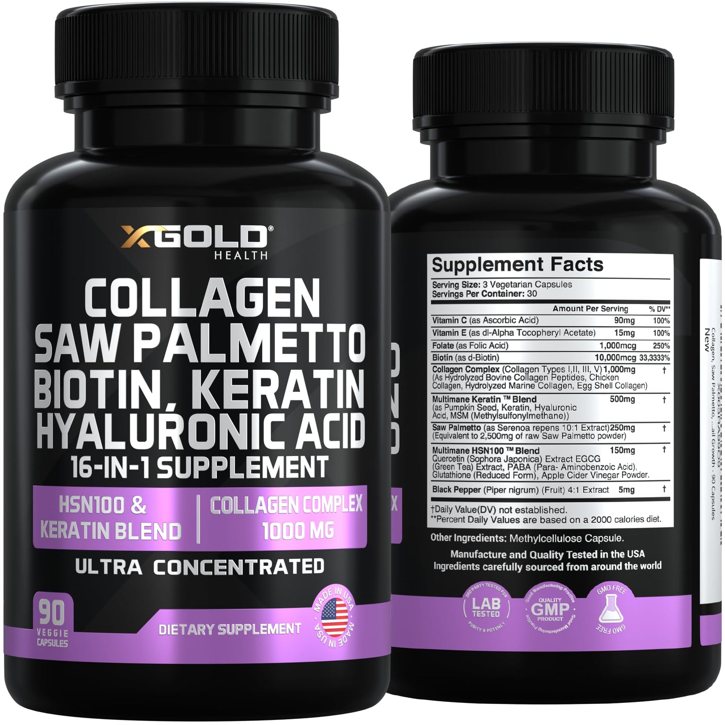 HSN100 - Collagen, Saw Palmetto, Biotin, Keratin & Hyaluronic Acid - 16-in-1 Beauty Supplement with Vitamin C & E, Collagen Complex & Keratin Blend - Hair, Skin & Nail Growth - 90 Capsules
