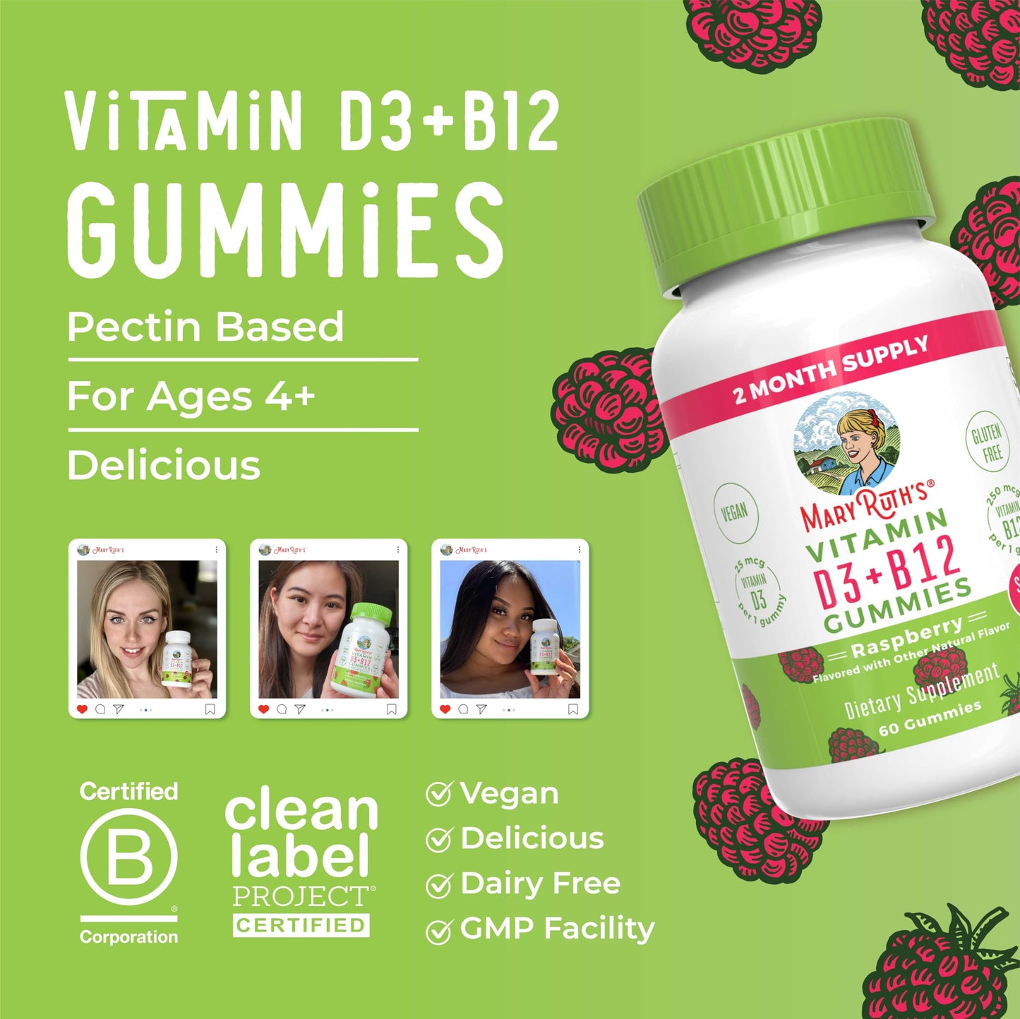 MaryRuth Organics Sugar Free | 2 Month Supply | Vitamin D & B12 Vitamin Supplements for Adults & Kids | Bone Health | Immune Support | Vegan | Non-GMO | 60 Servings