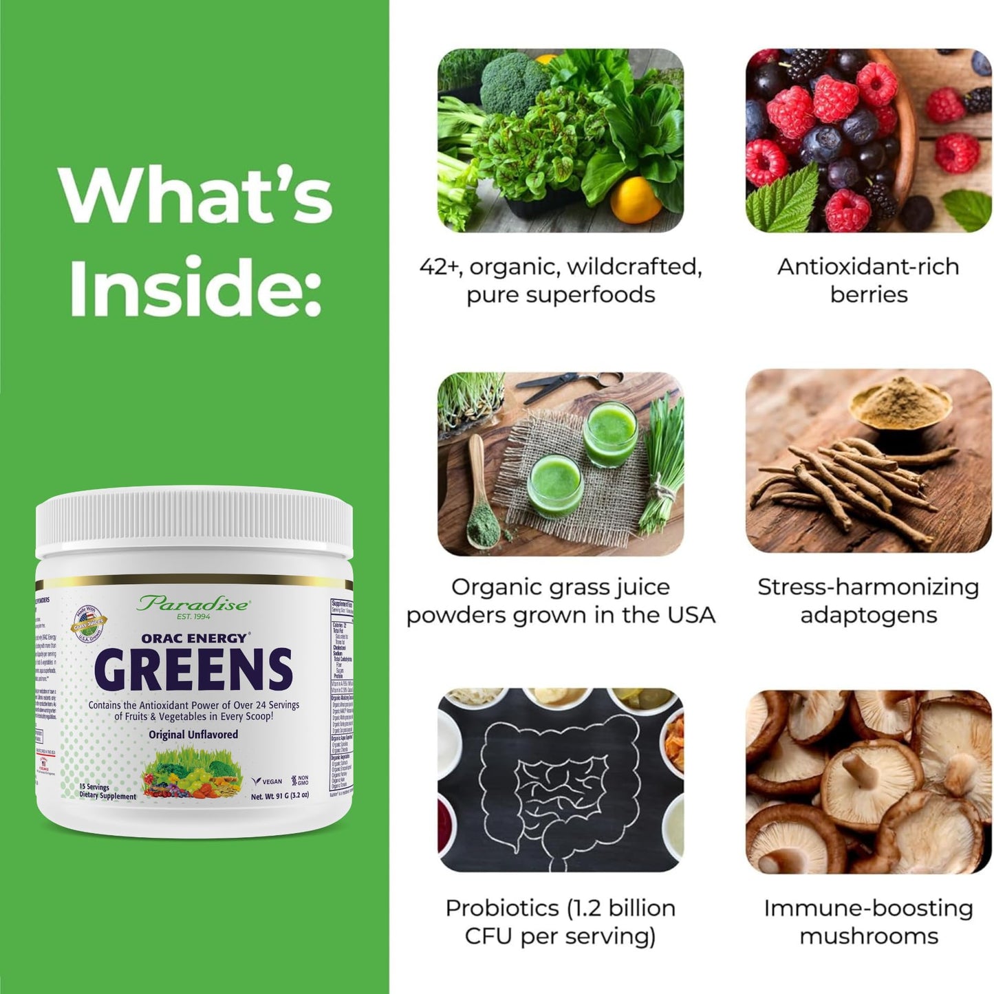 Paradise Herbs, ORAC Energy Greens Powder, Antioxidant Power of 24 Servings of Fruits & Vegetables in 1 Scoop, 15 Servings