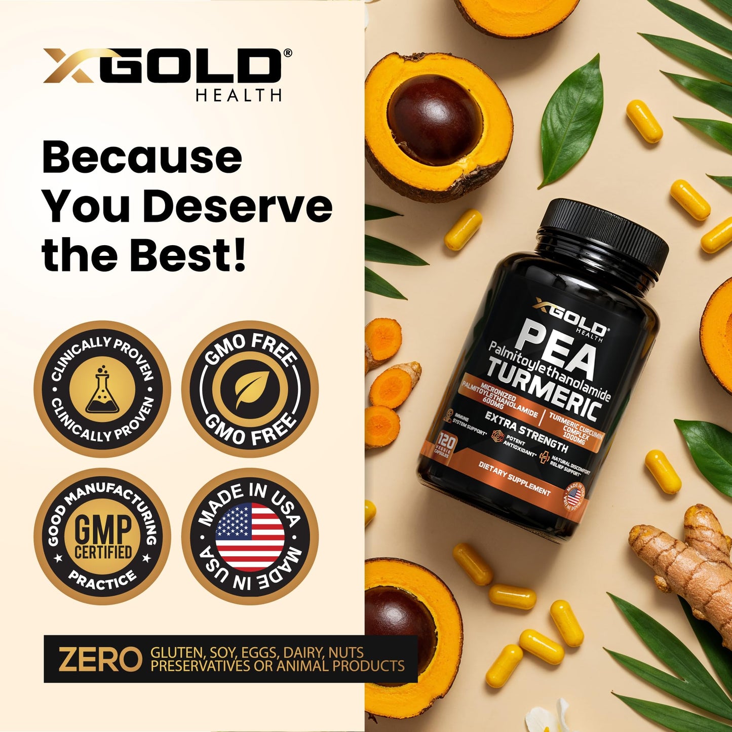 Palmitoylethanolamide 600mg + Turmeric Curcumin Complex 1000mg: Micronized Pea 99% Highly Purified and Bioavailable - Made in USA - Supplement for Men and Women - 120 Veggie Capsules