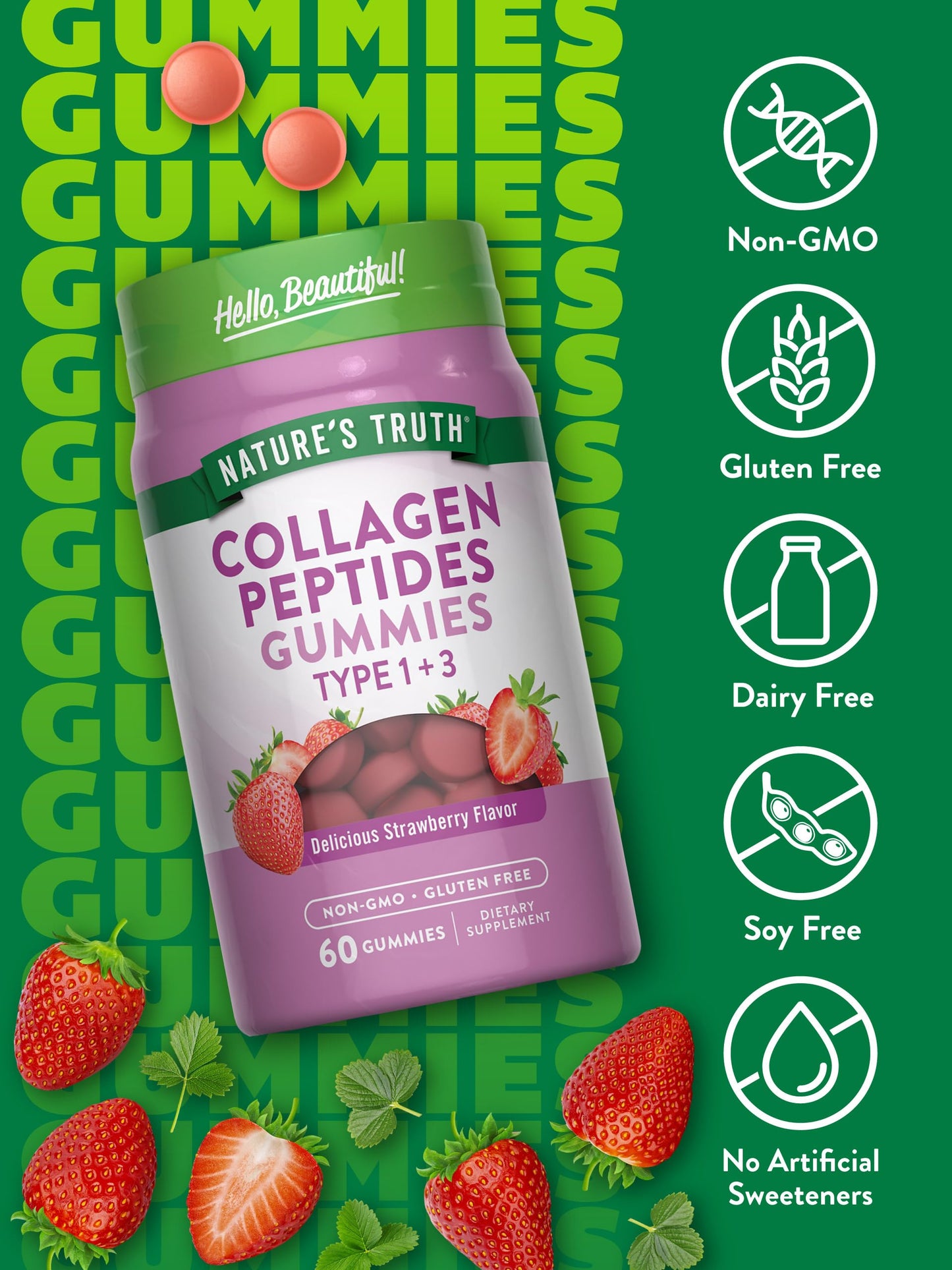 Nature's Truth Collagen Peptide Gummies for Women | 60 Count Type 1 and 3 | Strawberry Flavor | Non-GMO & Gluten Free Supplement