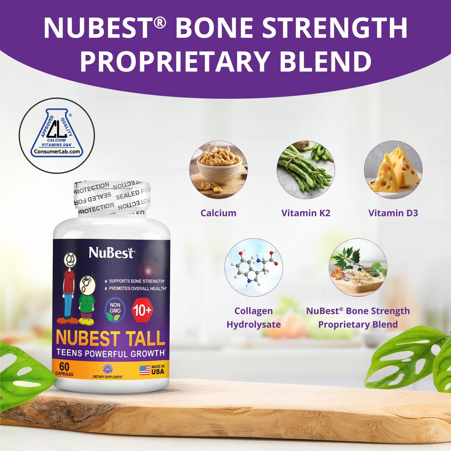 NuBest Tall 10+ - Premium Bone Strength Formula, Enhanced Immunity and Overall Health for Age 10+ - Who Drink Milk Daily with Calcium, Vitamin D3, Vitamin K2, and Multivitamins - 60 Capsules