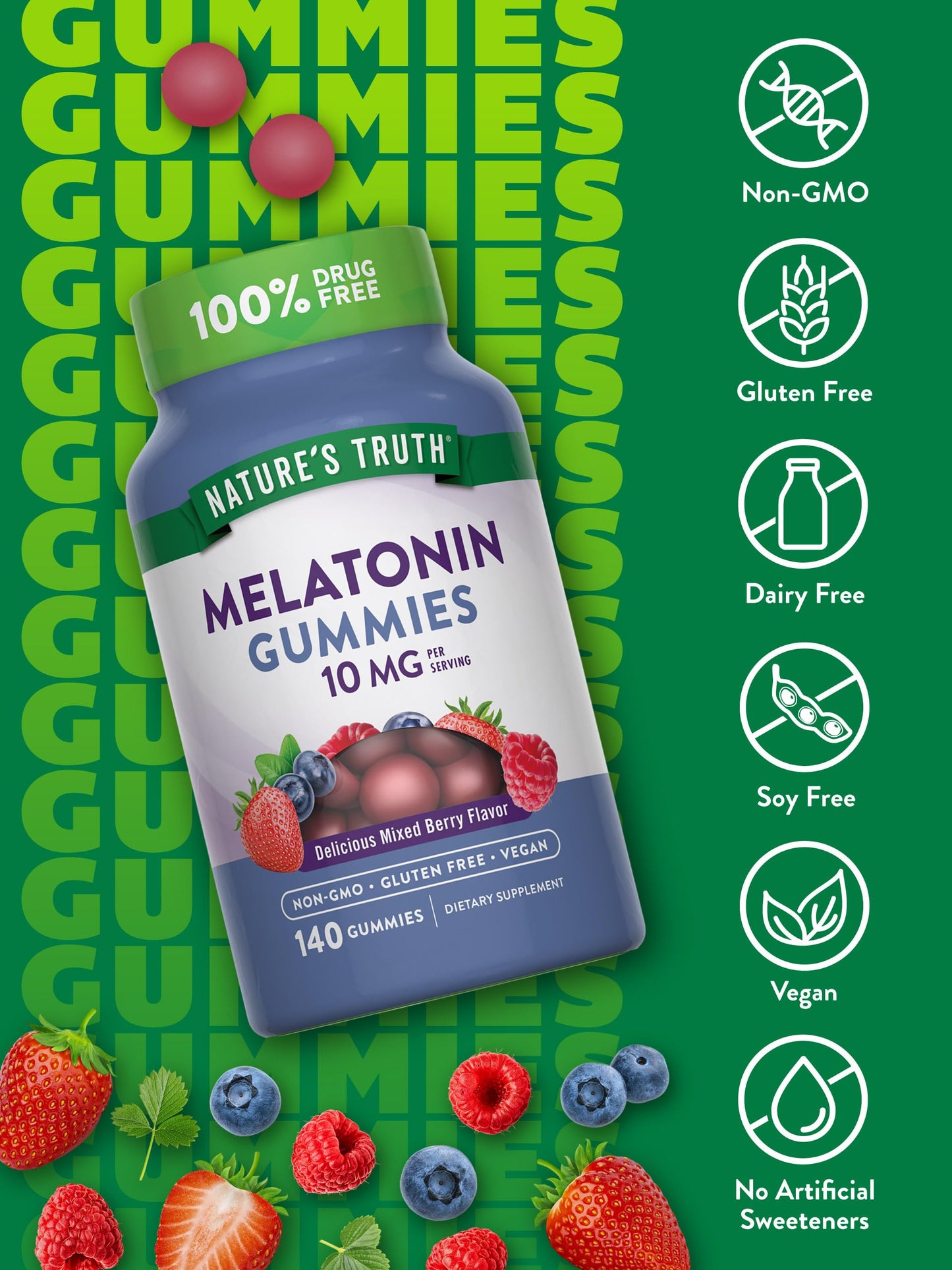 Nature's Truth Melatonin Gummies | 10mg | 140 Count | Berry Flavor | Vegan, Non-GMO & Gluten Free Supplement for Adults