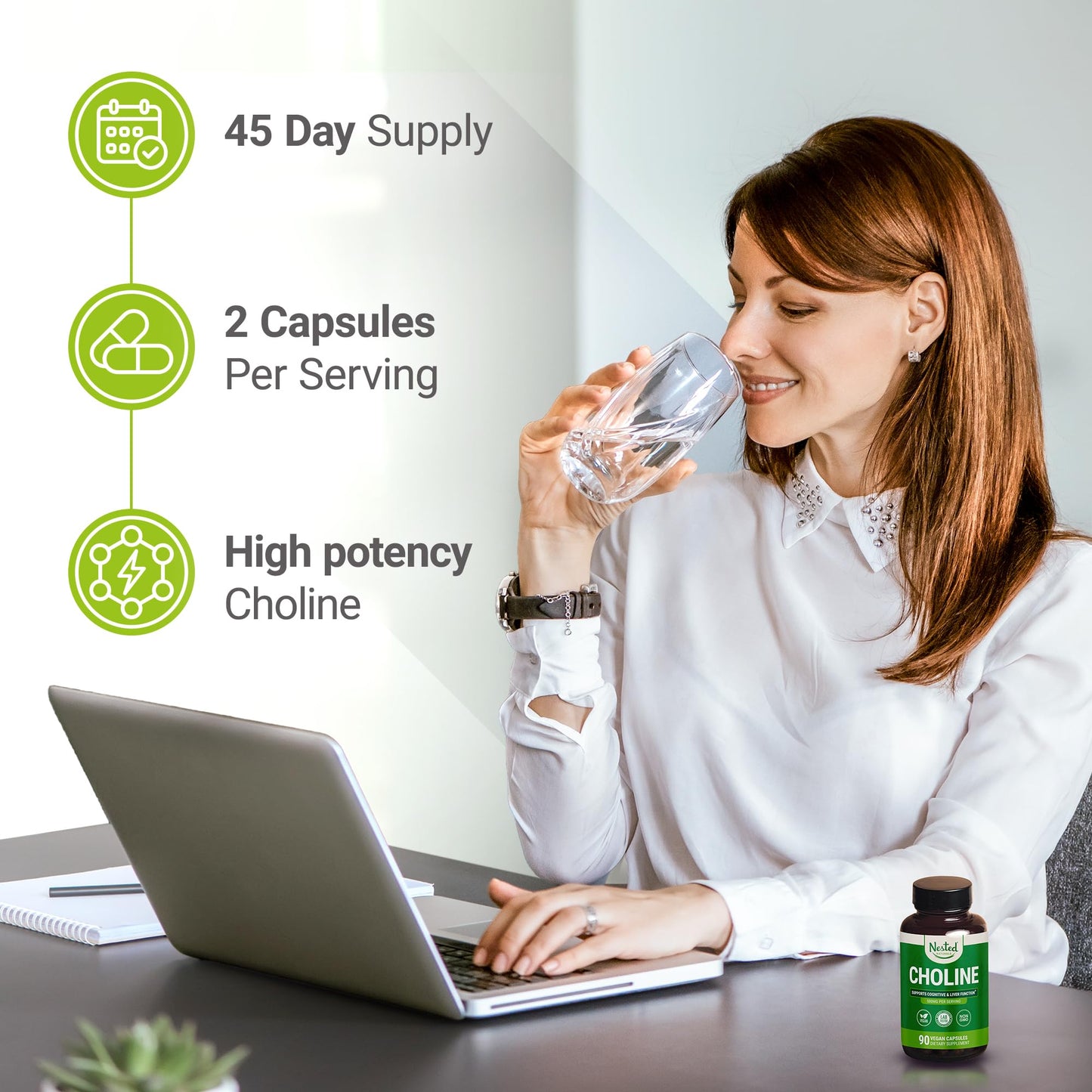 Nested Naturals Choline Bitartrate 500mg - High Potency Choline Supplements - Supports Cognitive Performance & Liver Function - 100% Vegan & Non-GMO Choline - 90 Vegan Capsules