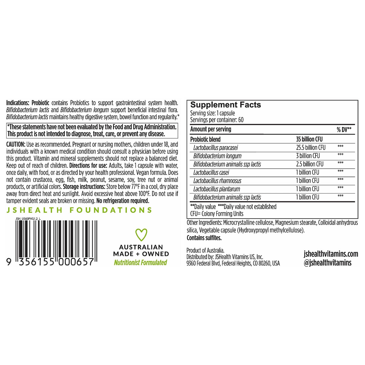 JSHealth Vitamins Gut Health and Immunity Formula | Probiotics for Women and Men | Shelf Stable Probiotic Supplement for Digestive Health and Immune Support (60)