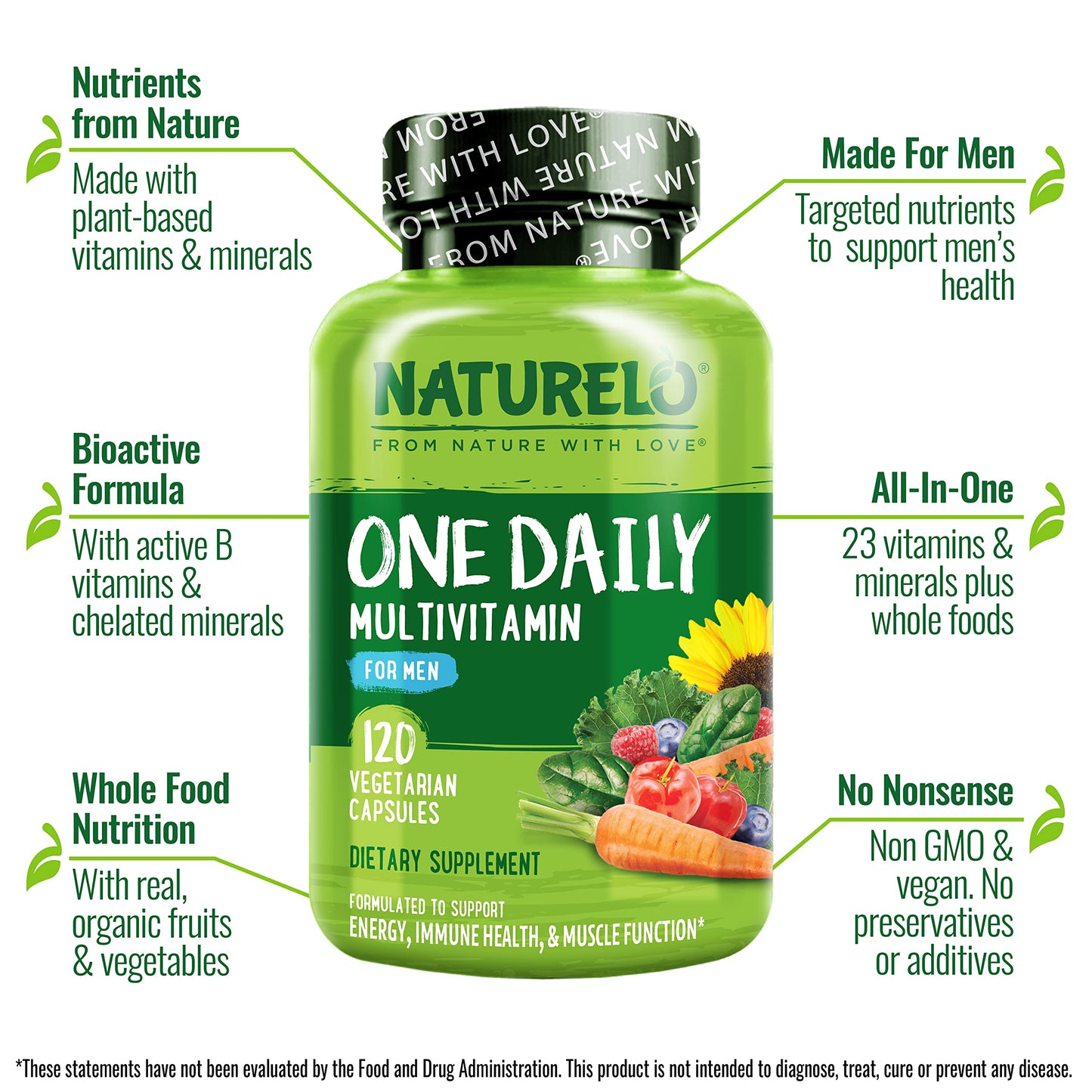 NATURELO Mens Multivitamins - One Daily Multivitamin for Men with Vitamins, Minerals & Organic Whole Foods, Boost Energy & Health, Non-GMO, 120 Vegetarian Capsules