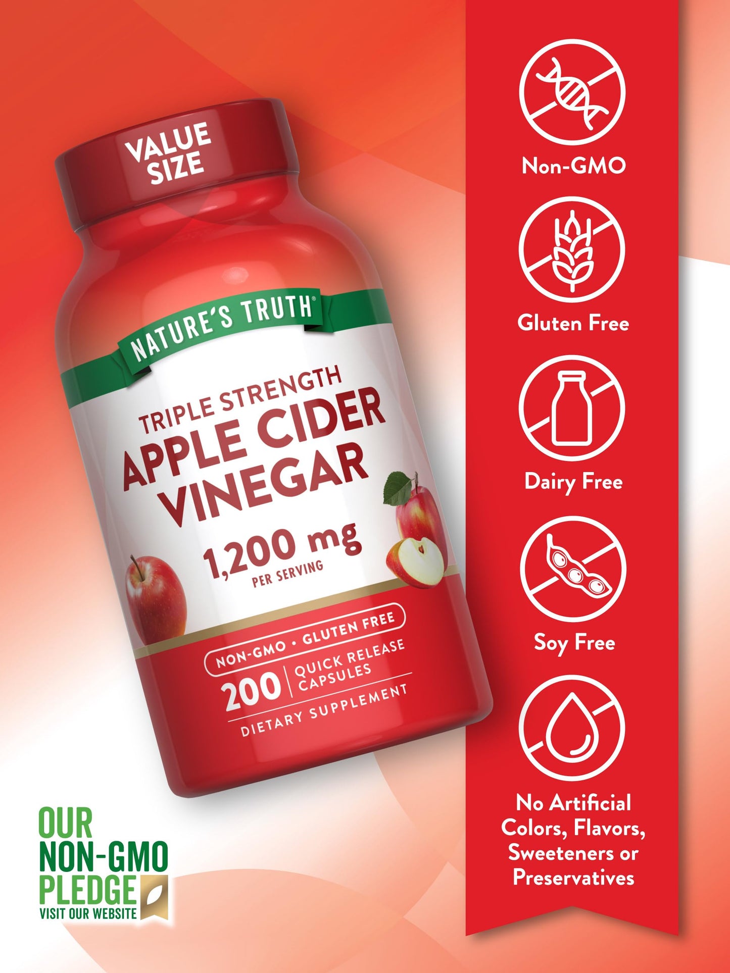 Nature's Truth Apple Cider Vinegar Capsules | 1200mg | 200 Pills | Extra Strength | Value Size | Non-GMO, Gluten Free Supplement