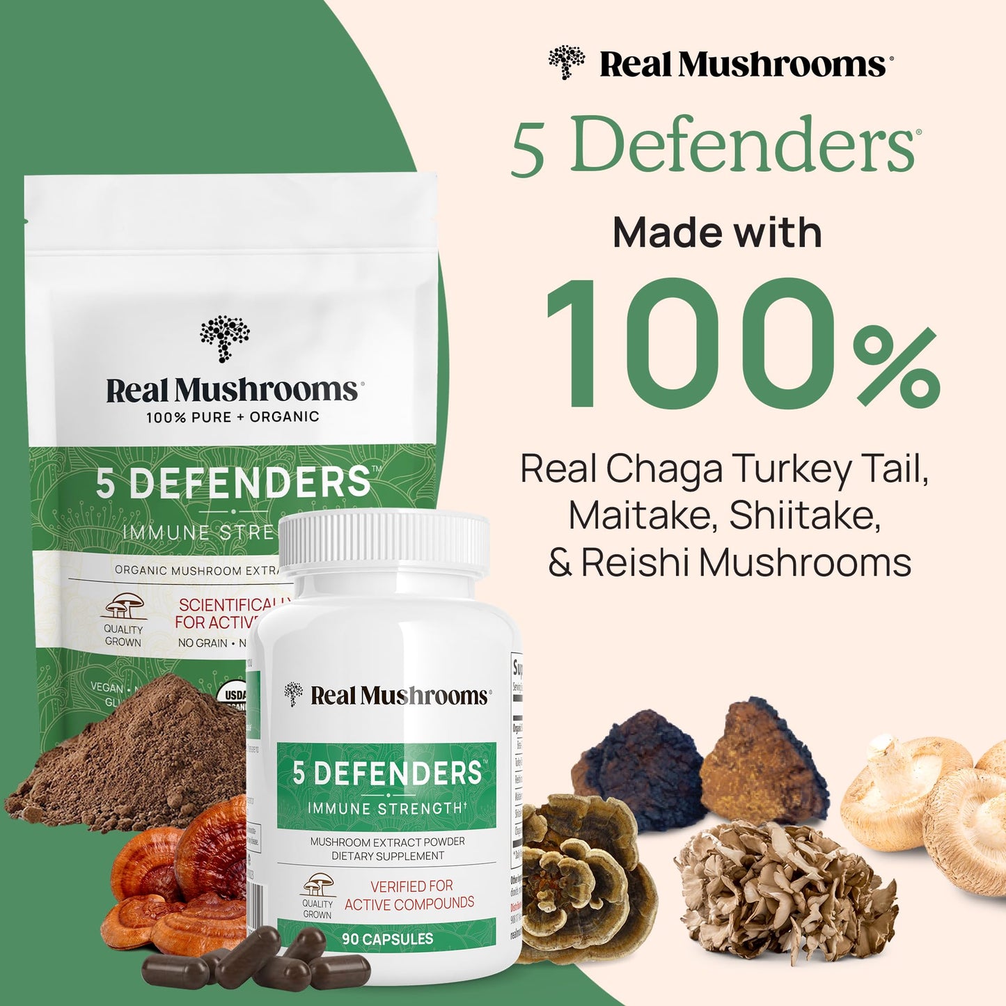 Real Mushrooms 5 Defenders Mushroom Complex - Functional Mushrooms Extract from Chaga, Shiitake, Maitake, Reishi, Turkey Tail Mushroom Blend for Wellness Support with Beta Glucans - 45 Servings