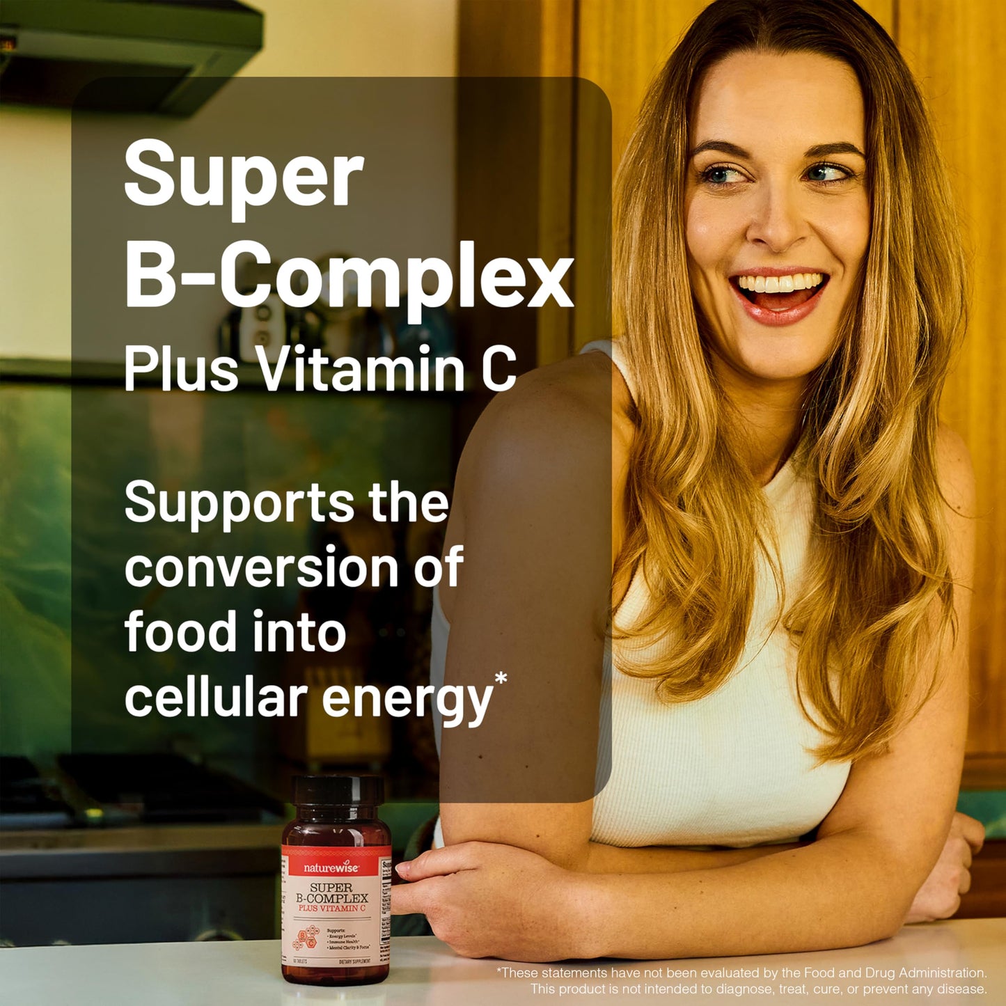 NatureWise Super Vitamin B Complex for Women and Men - with Vitamin C, Folic Acid Biotin B1 B2 B3 B6 B12 - Support Cellular Energy & Mental Clarity - Vegan, Gluten & Dairy Free, Non-GMO - 60 Tablets