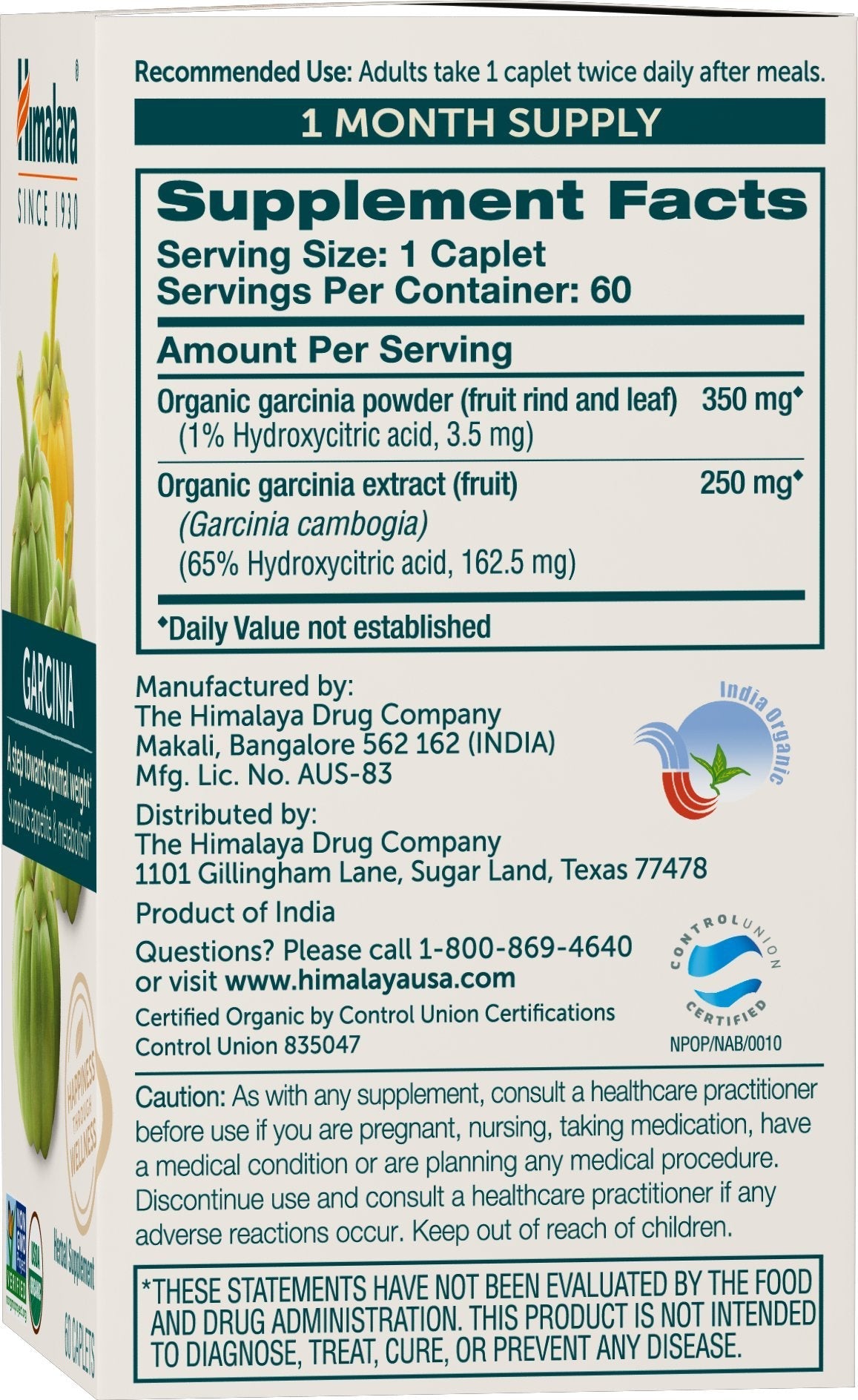 Himalaya Organic Garcinia Cambogia Herbal Supplement, Appetite Support, Lipid Metabolism, Weight Support, USDA Organic, Non-GMO, Vegan, 600 mg, 60 Plant-Based Caplets, 30 Day Supply