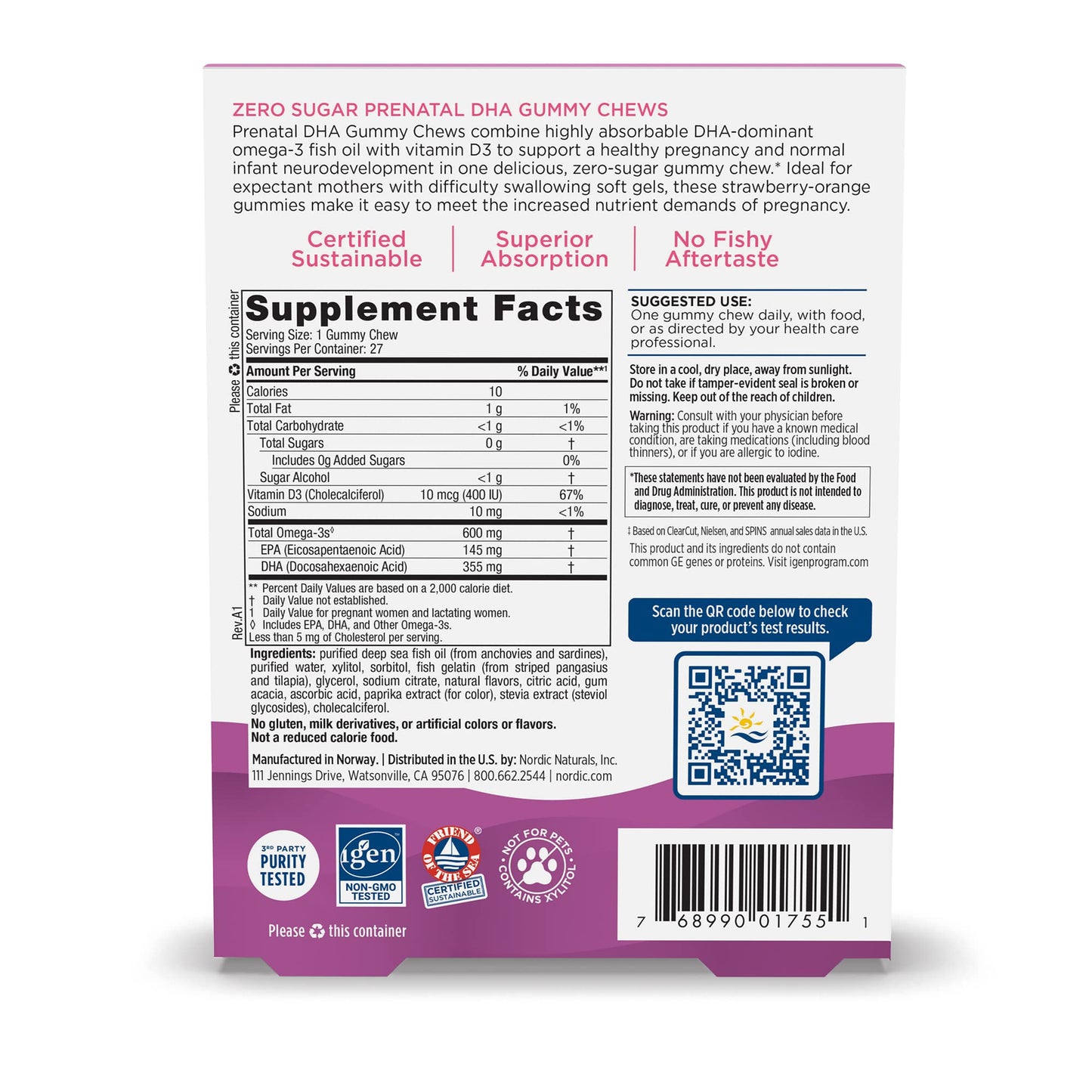 Nordic Naturals Zero Sugar DHA Prenatal Vitamin Gummies, Strawberry Orange Flavor - 27 Gummies - Supplements for Pregnancy - 600 mg Omega-3 Fish Oil and 400 IU Vitamin D3-27 Servings