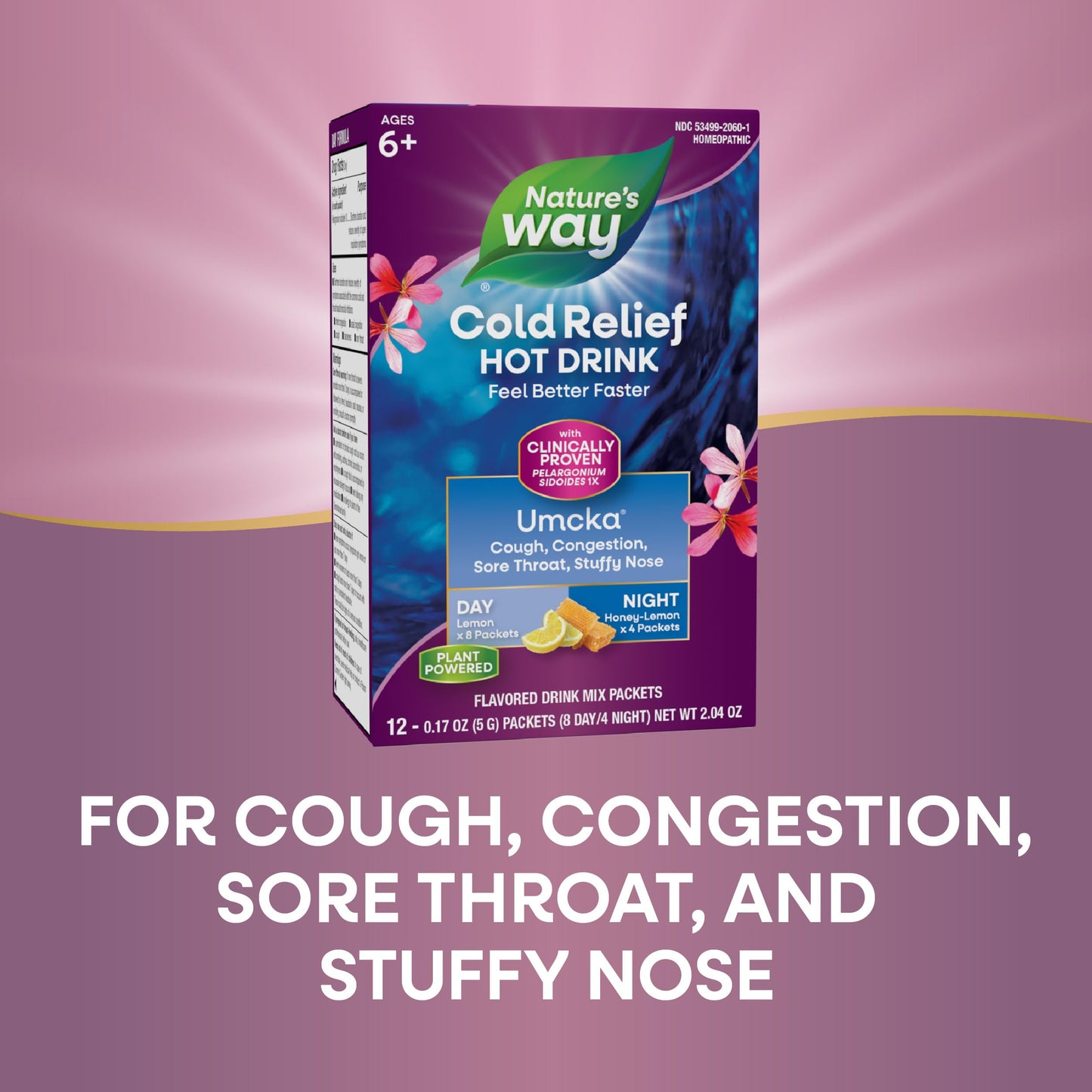 Nature's Way Cold Relief Hot Drink, Umcka, Homeopathic, Clinically Proven Pelargonium Sidoides 1X, for Cough, Congestion, Sore Throat, Stuffy Nose, Day & Night Formula, 12 Packets (Packaging May Vary)