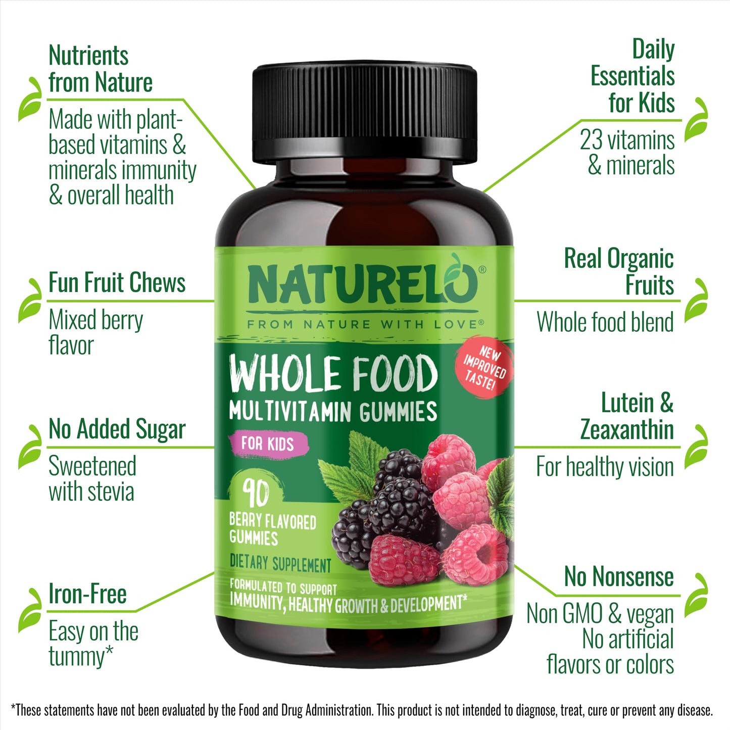 NATURELO Whole Food Vitamin Gummies for Kids - Chewable Gummy Multivitamin for Children - Non-GMO - with Vitamins & Minerals - 90 Vegan Gummies